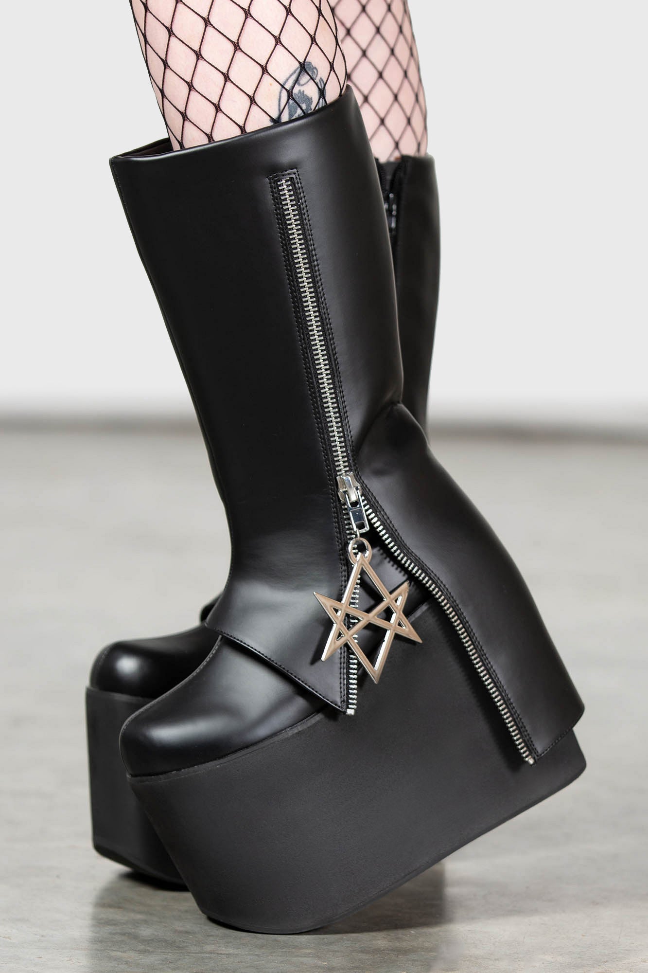 Killstar Hexraider Faux Leather Platform Boots with Metal Hexagram