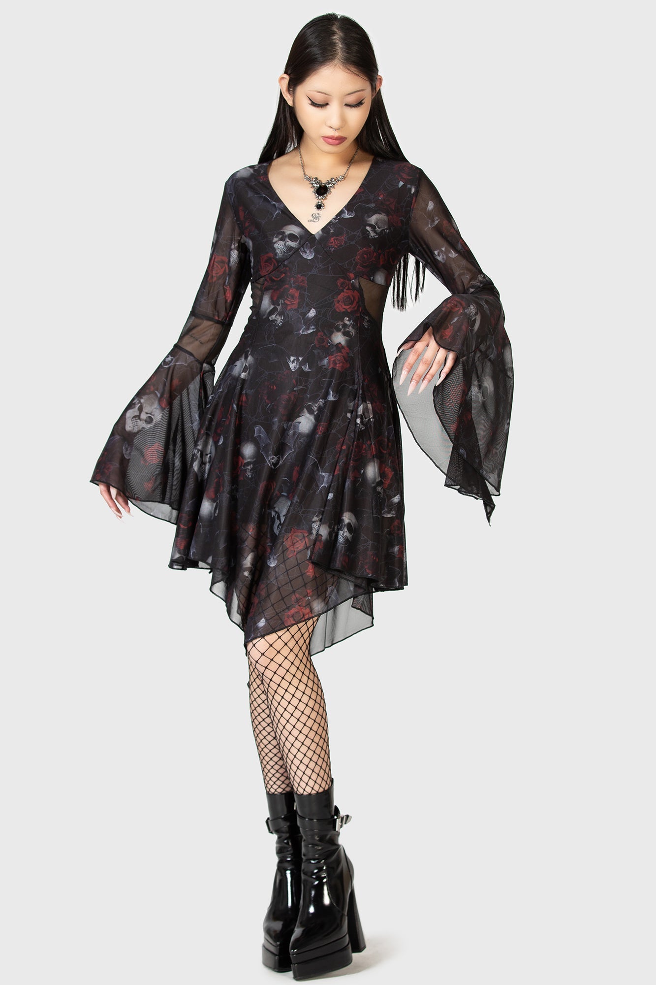 Bellflora Gothic Mesh Dress with Flared Sleeves & Hanky Hem