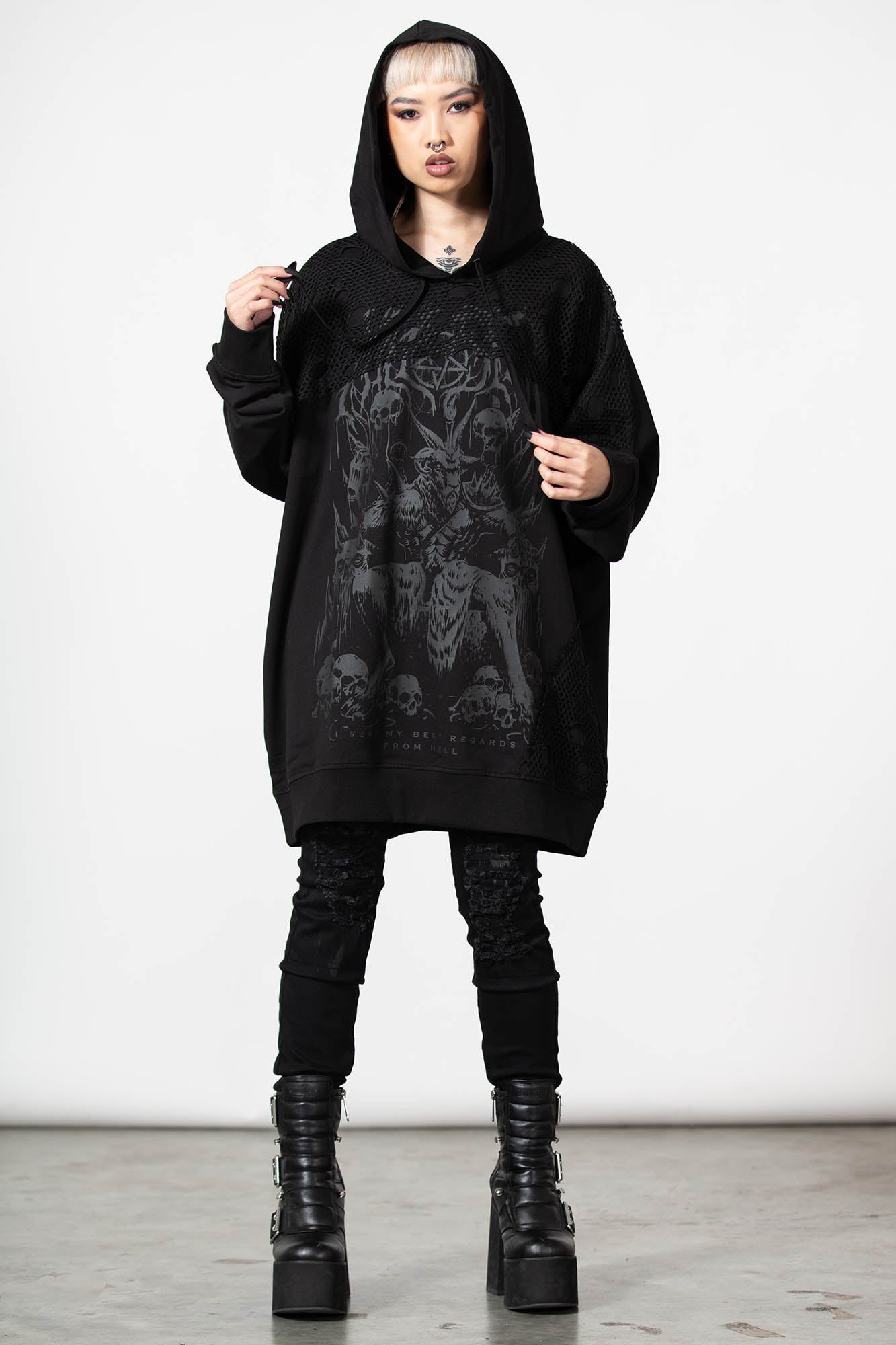 Killstar Fishnet Hoodie - Unisex Cotton Drawstring Hooded Sweatshirt