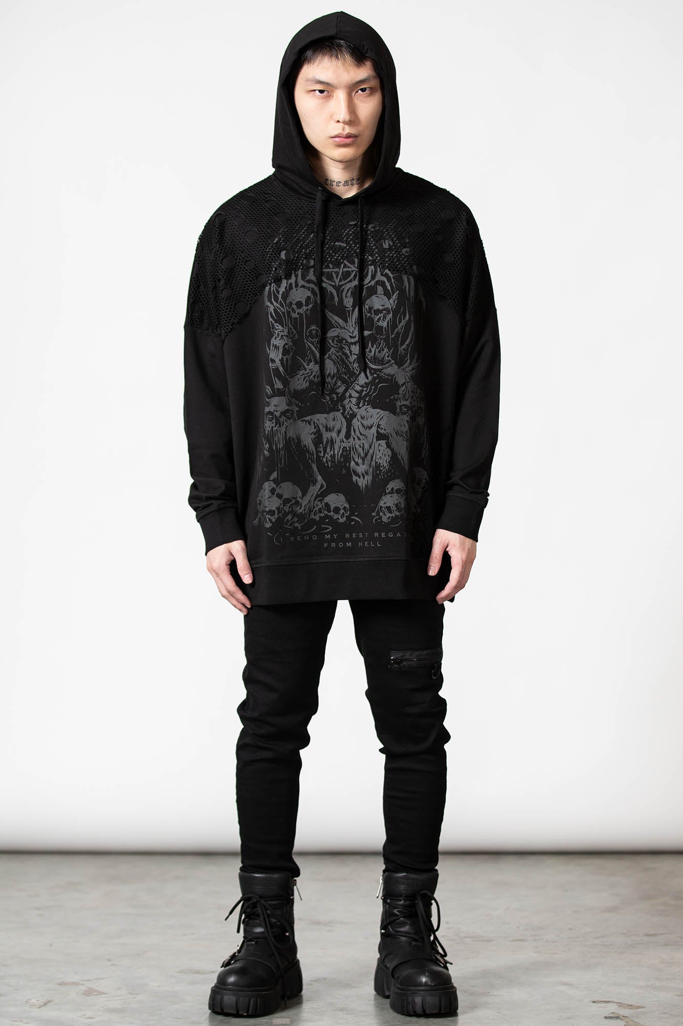 Killstar Fishnet Hoodie - Unisex Cotton Drawstring Hooded Sweatshirt