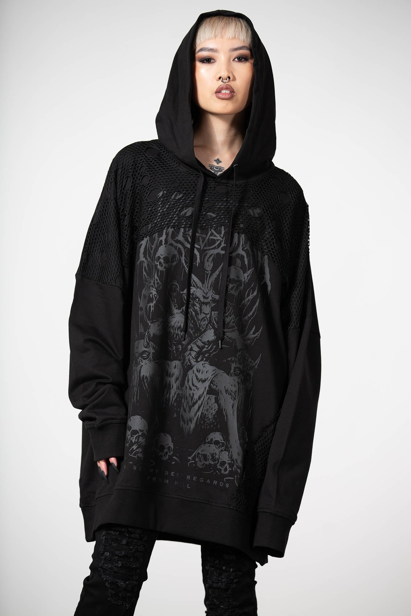 Killstar Fishnet Hoodie - Unisex Cotton Drawstring Hooded Sweatshirt