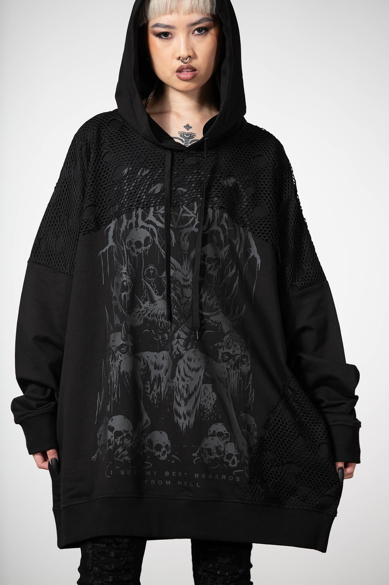 Killstar Fishnet Hoodie - Unisex Cotton Drawstring Hooded Sweatshirt