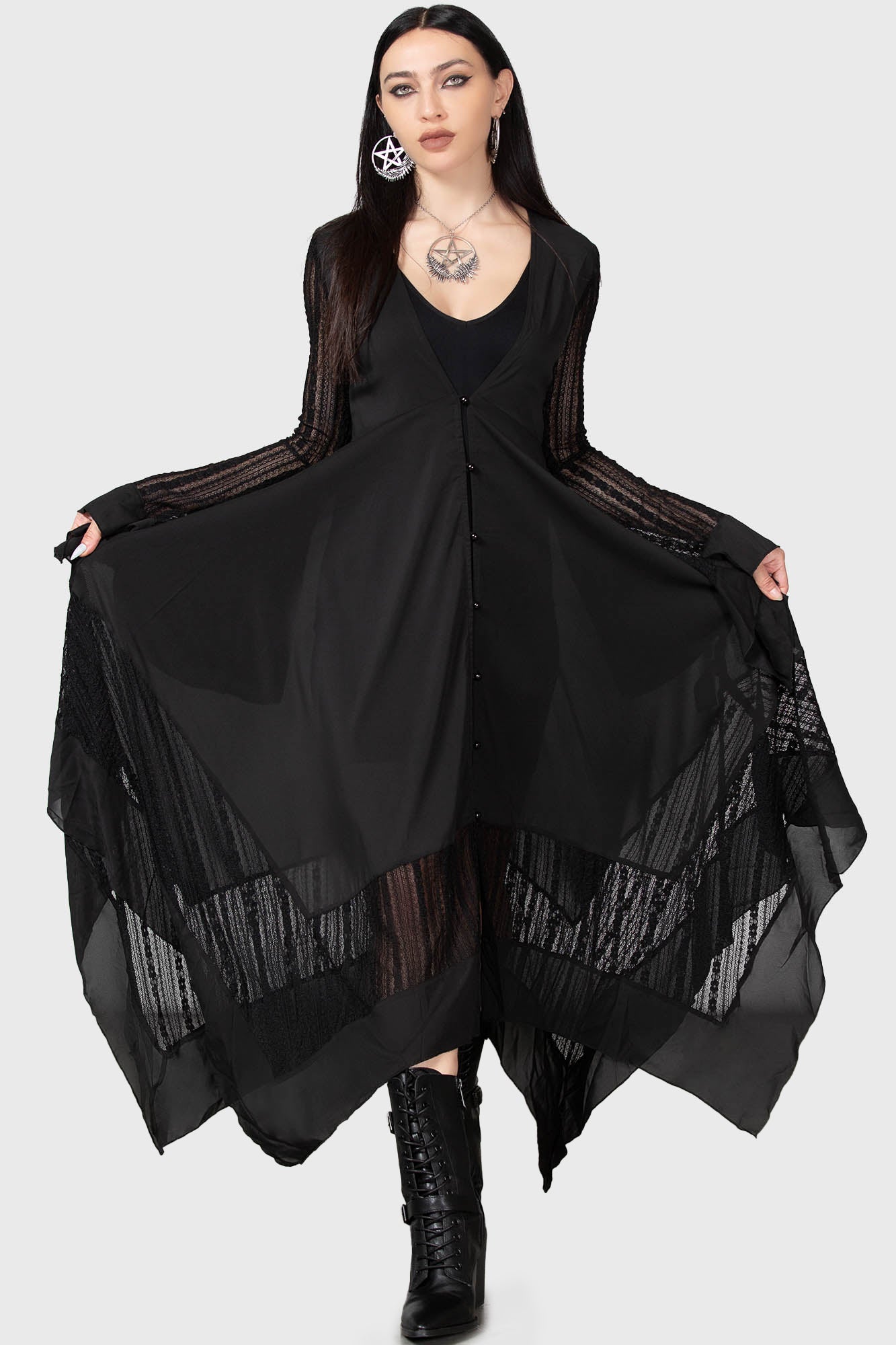 Valdermerca Long Sleeve Maxi Dress with Lace Panels