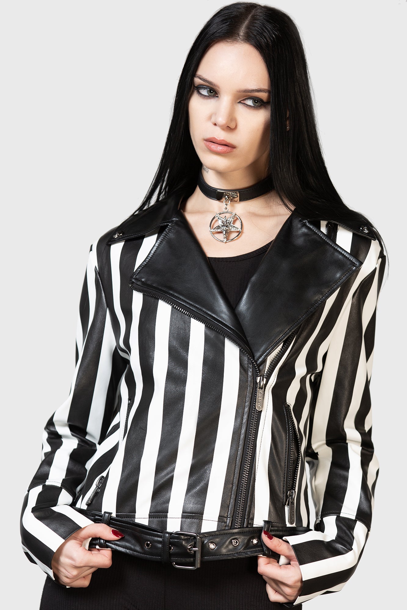 Killstar Zuriel PU Biker Jacket with Belt & Zip Pockets