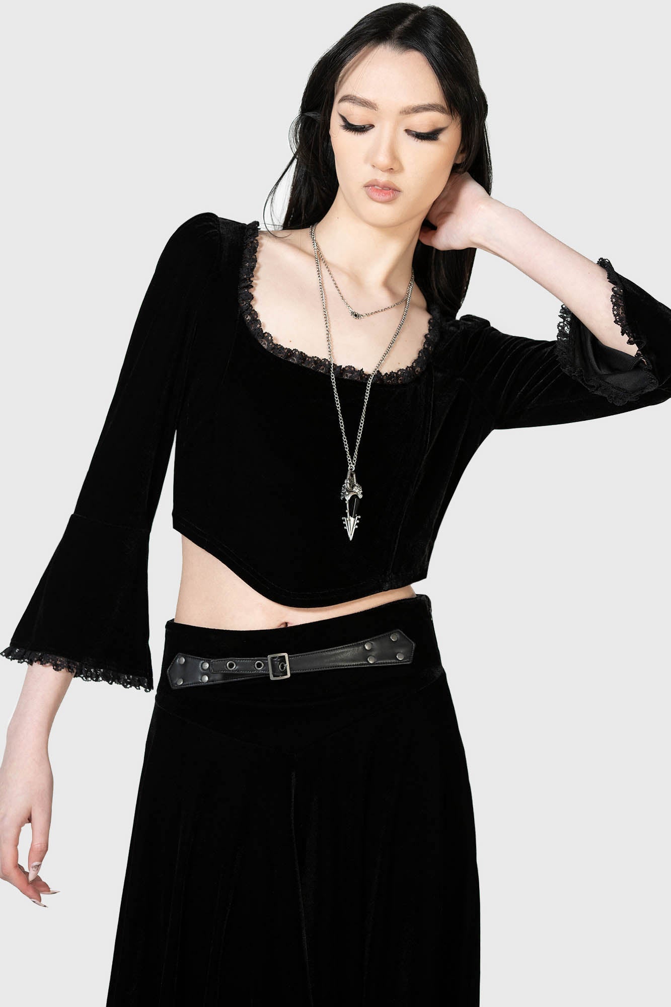 Killstar Harietta Velvet Long Sleeve Top with Lace Trim