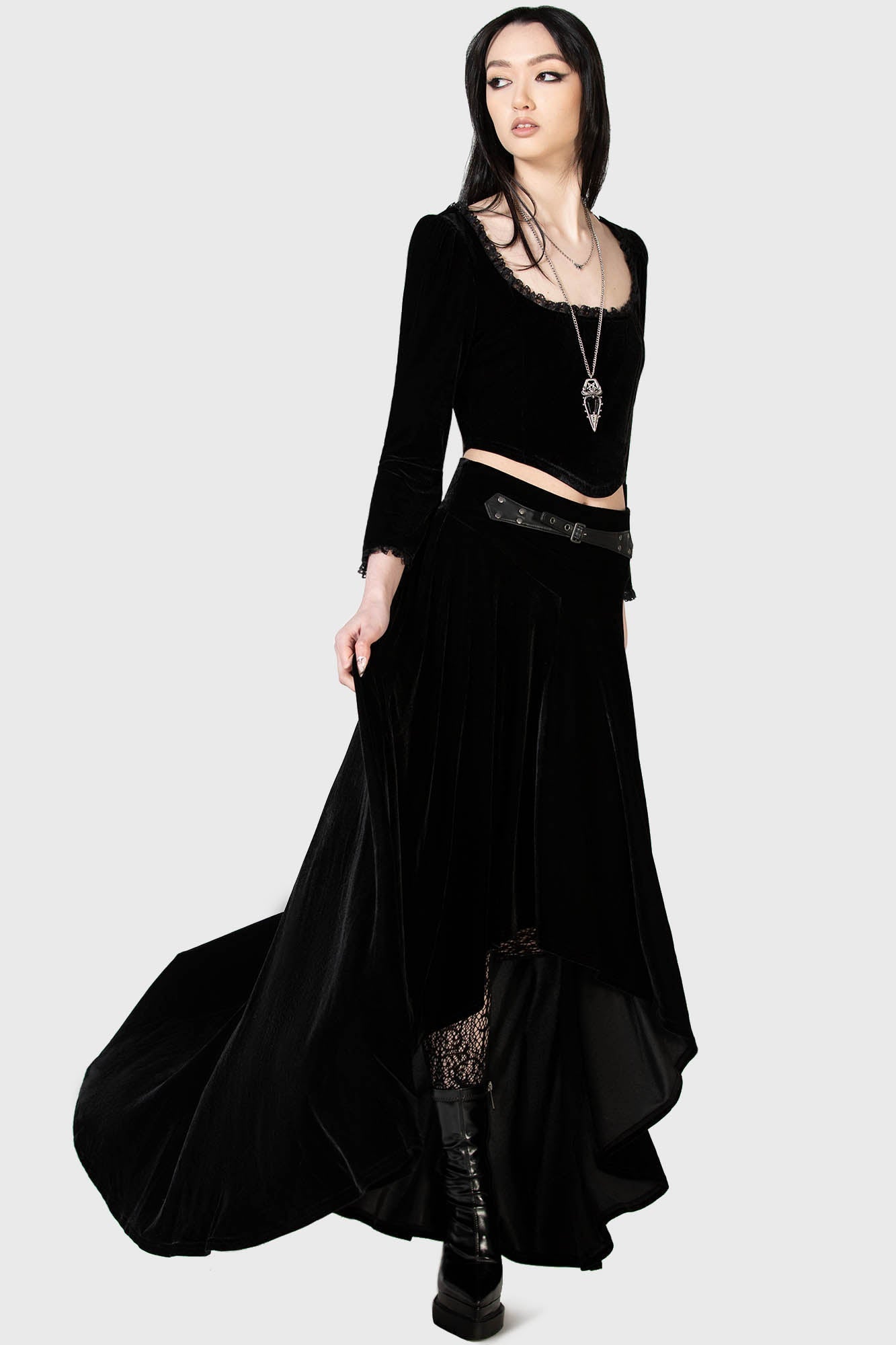 Killstar Harietta Velvet Long Sleeve Top with Lace Trim