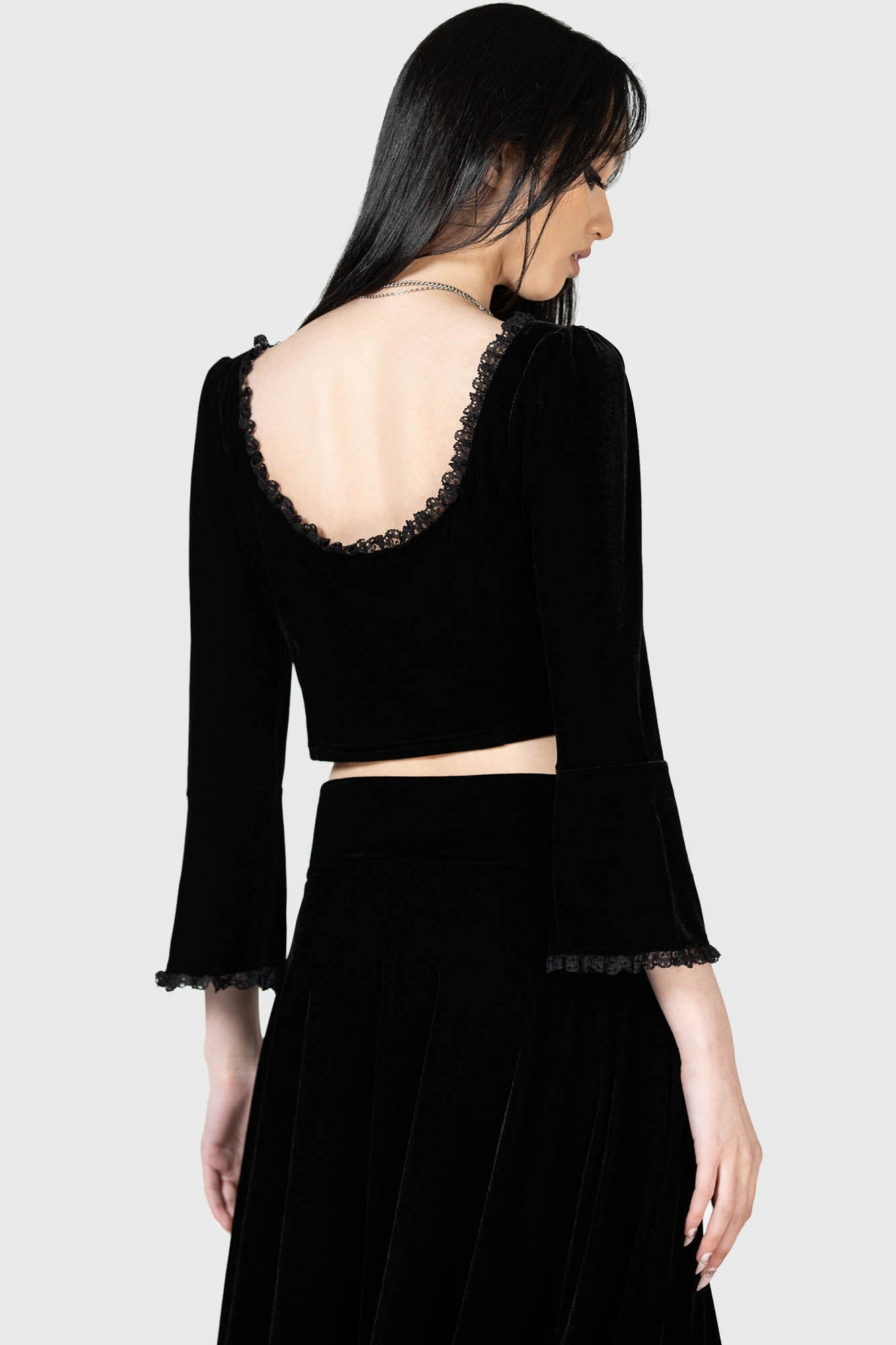 Killstar Harietta Velvet Long Sleeve Top with Lace Trim