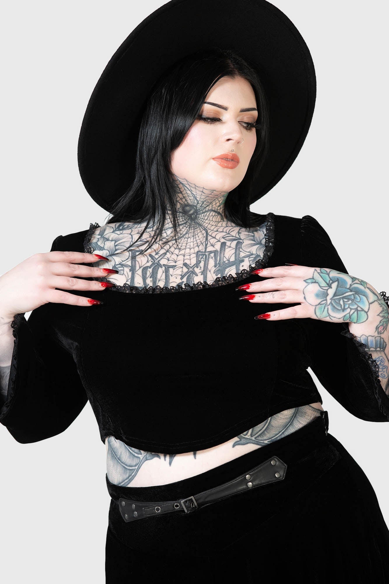 Killstar Harietta Velvet Long Sleeve Top with Lace Trim