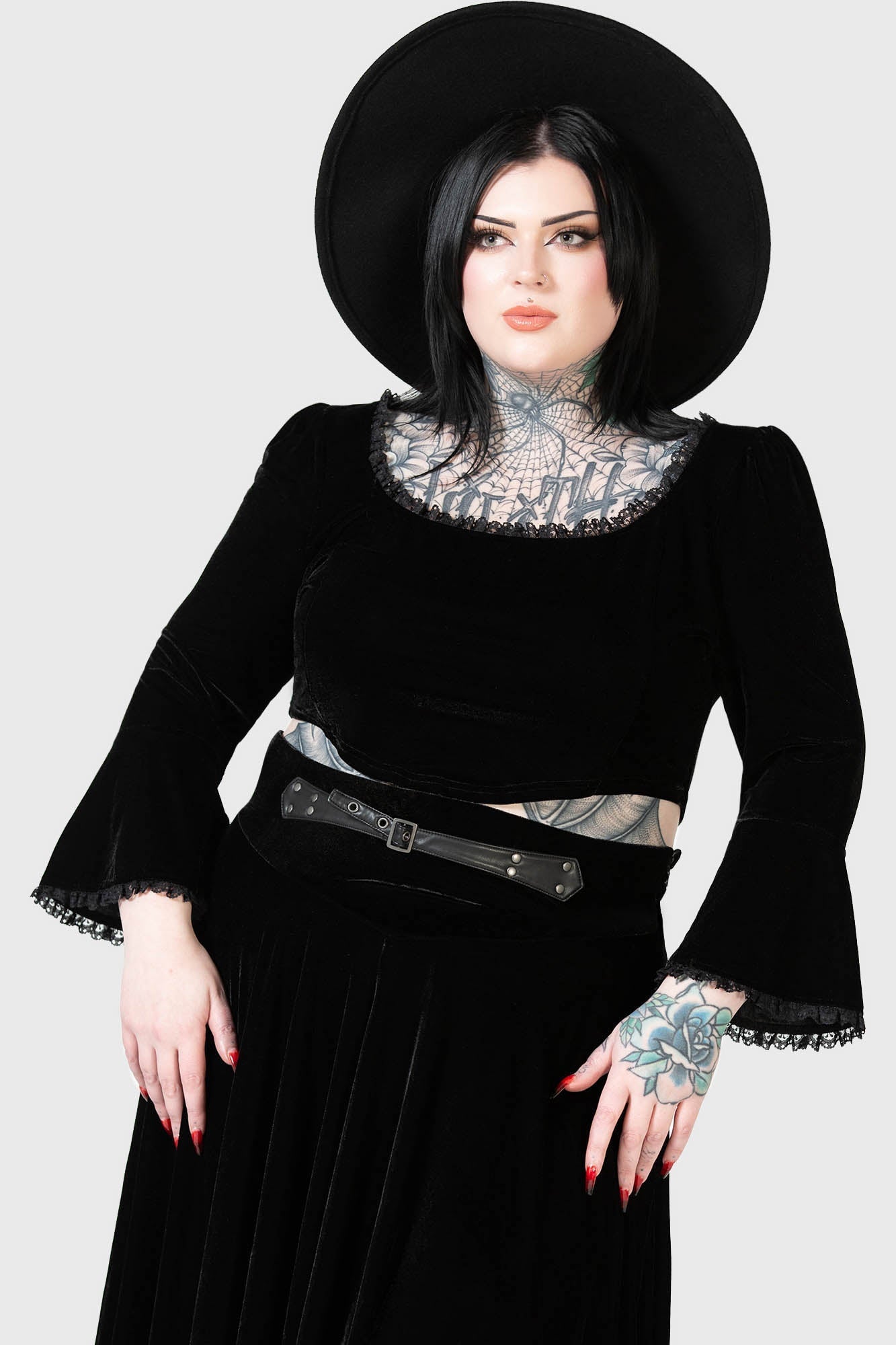 Killstar Harietta Velvet Long Sleeve Top with Lace Trim