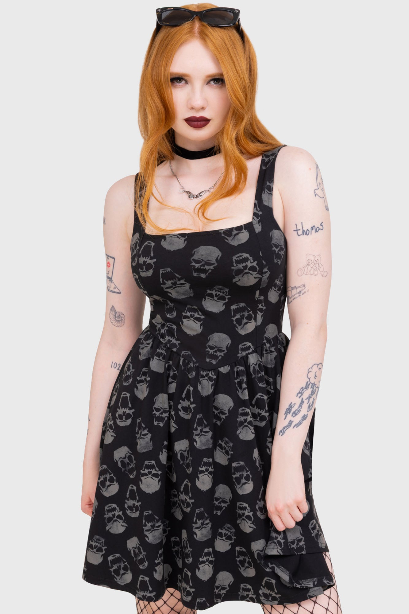 Killstar Enigma Skull Print Cotton Mini Skater Dress