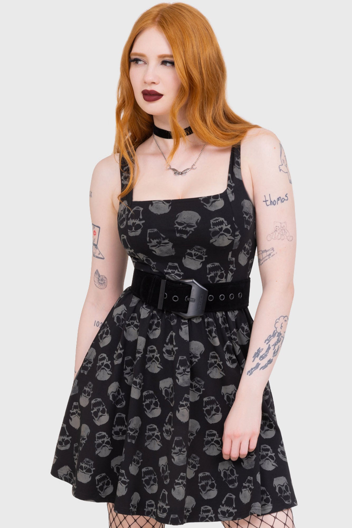Killstar Enigma Skull Print Cotton Mini Skater Dress