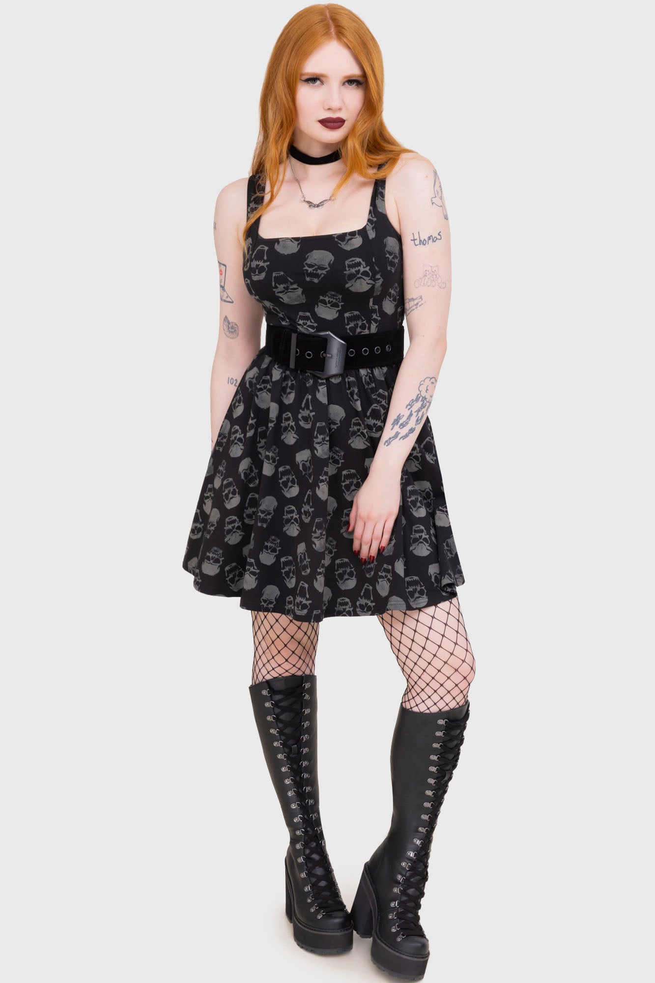 Killstar Enigma Skull Print Cotton Mini Skater Dress