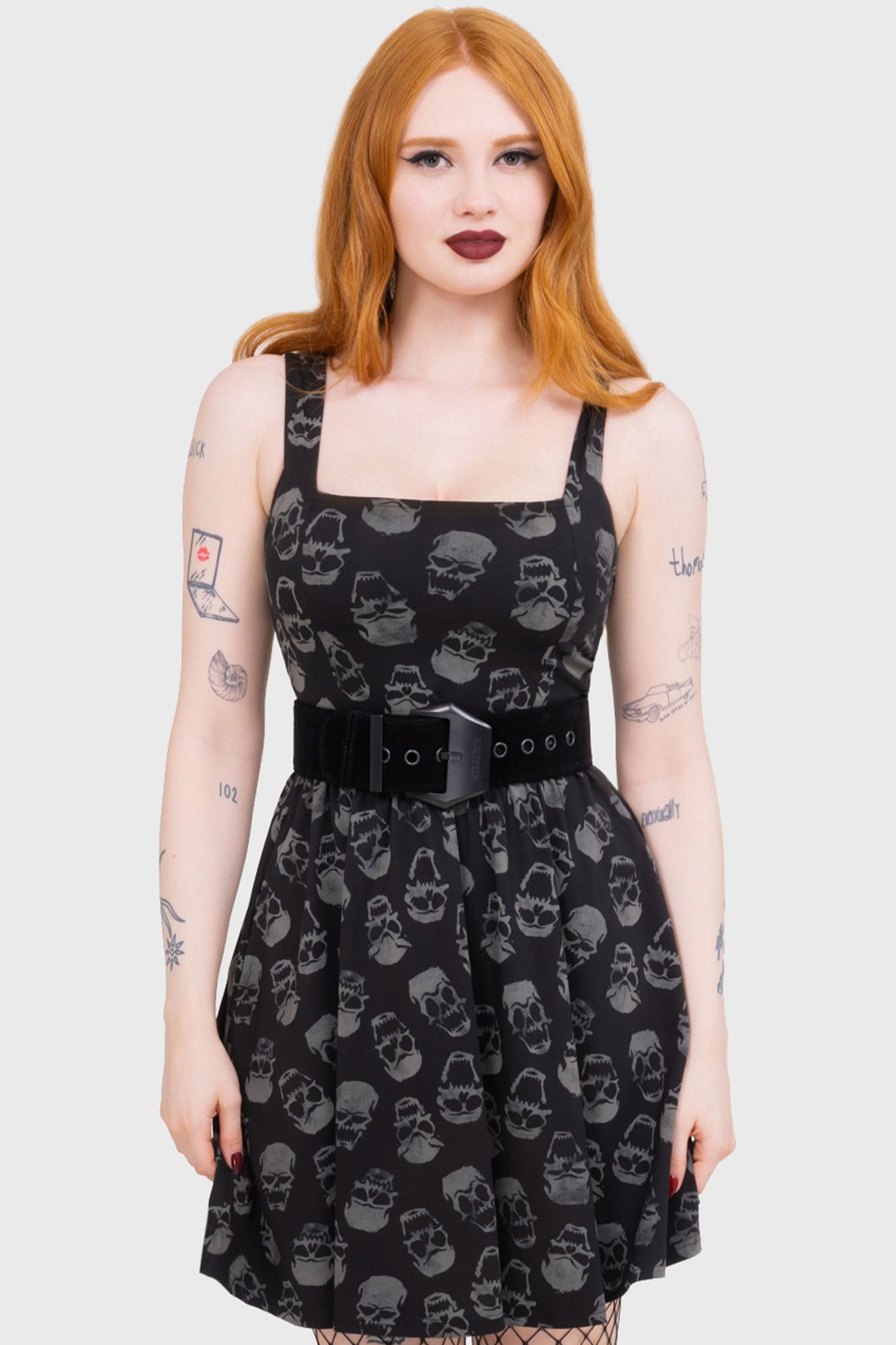 Killstar Enigma Skull Print Cotton Mini Skater Dress