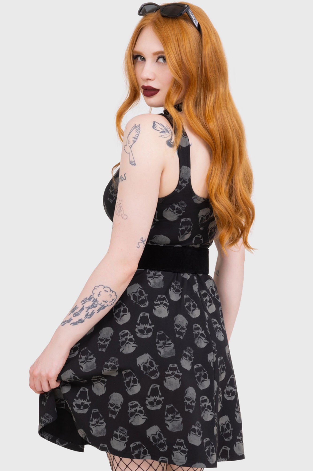 Killstar Enigma Skull Print Cotton Mini Skater Dress