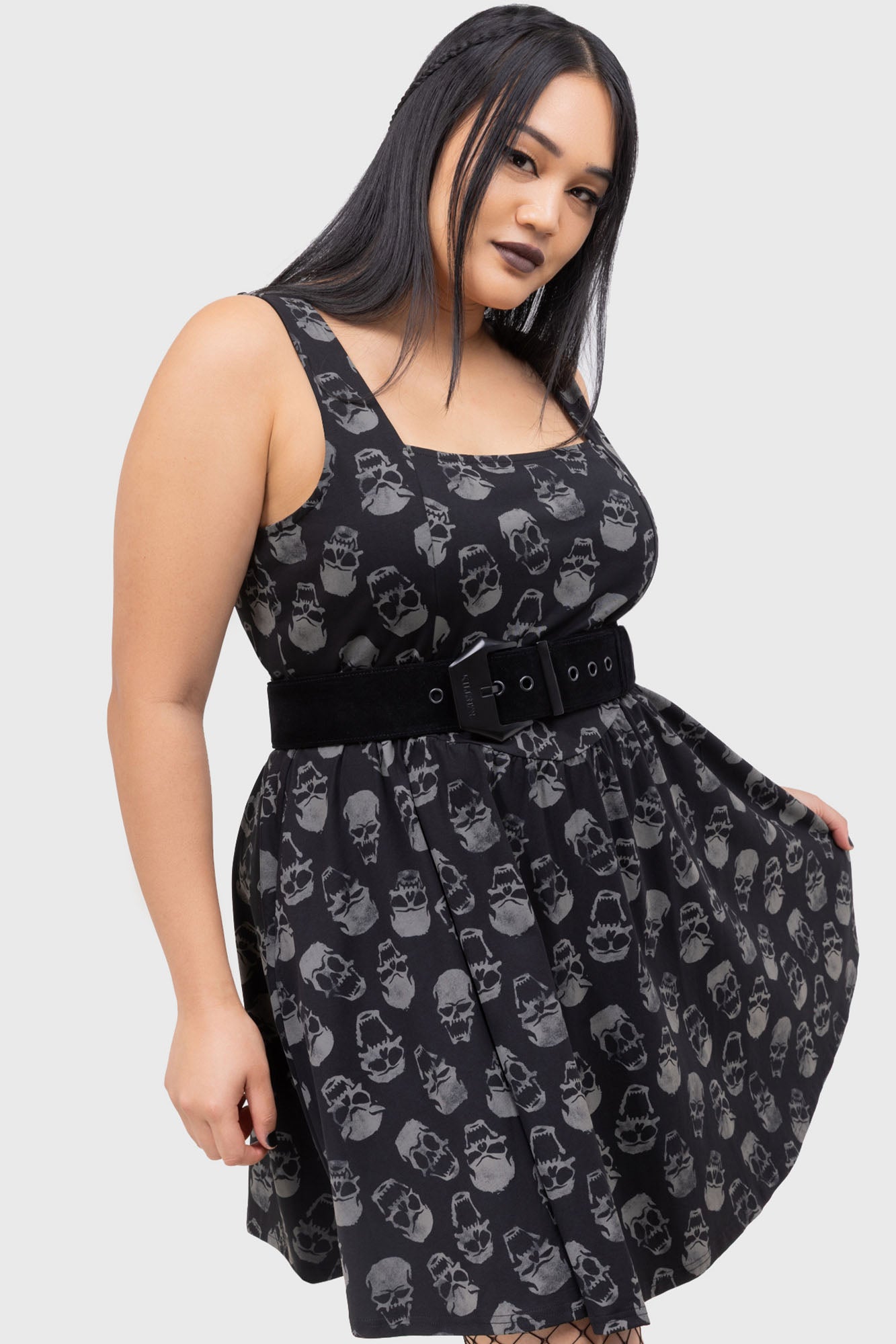 Killstar Enigma Skull Print Cotton Mini Skater Dress