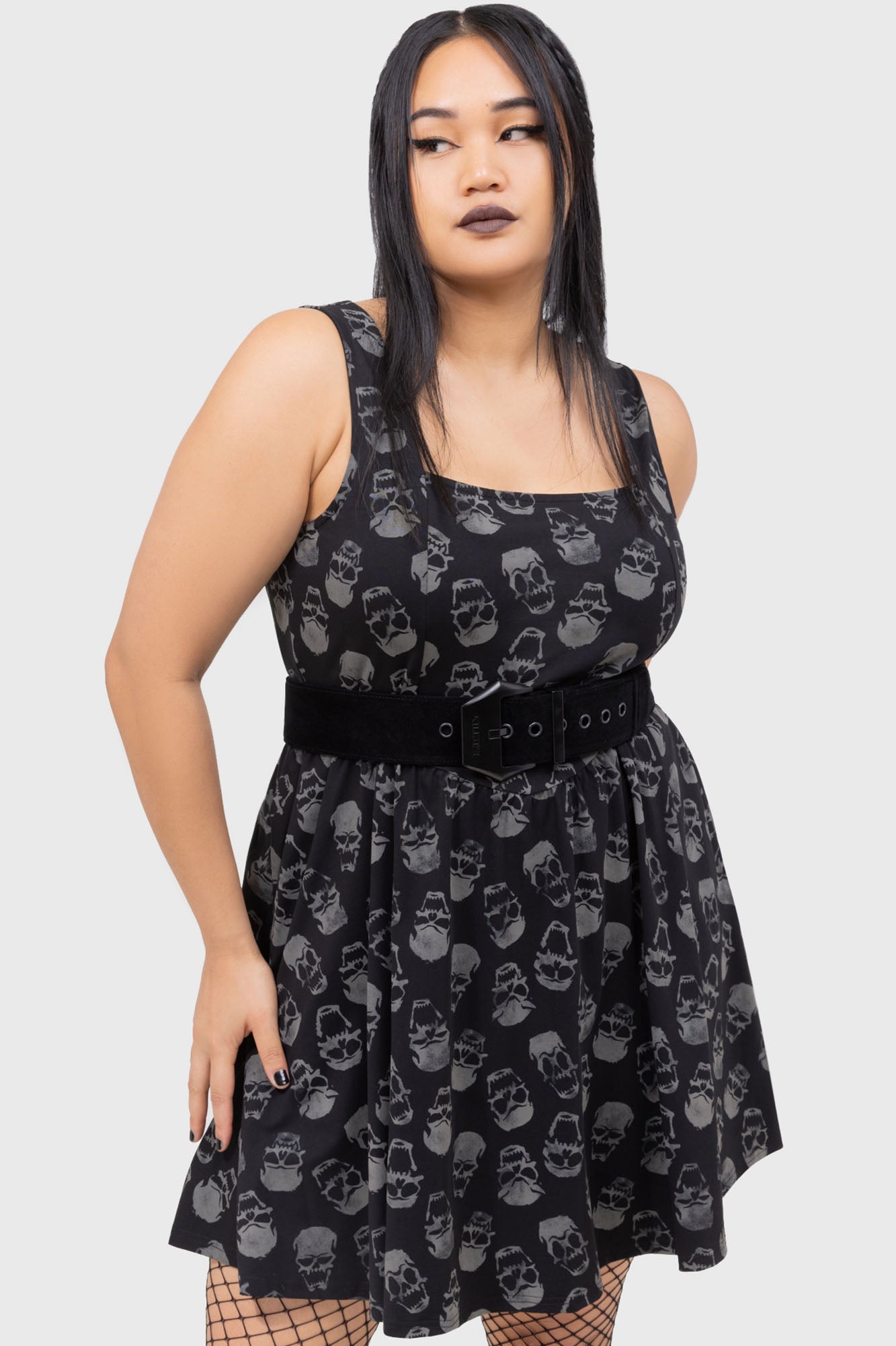 Killstar Enigma Skull Print Cotton Mini Skater Dress
