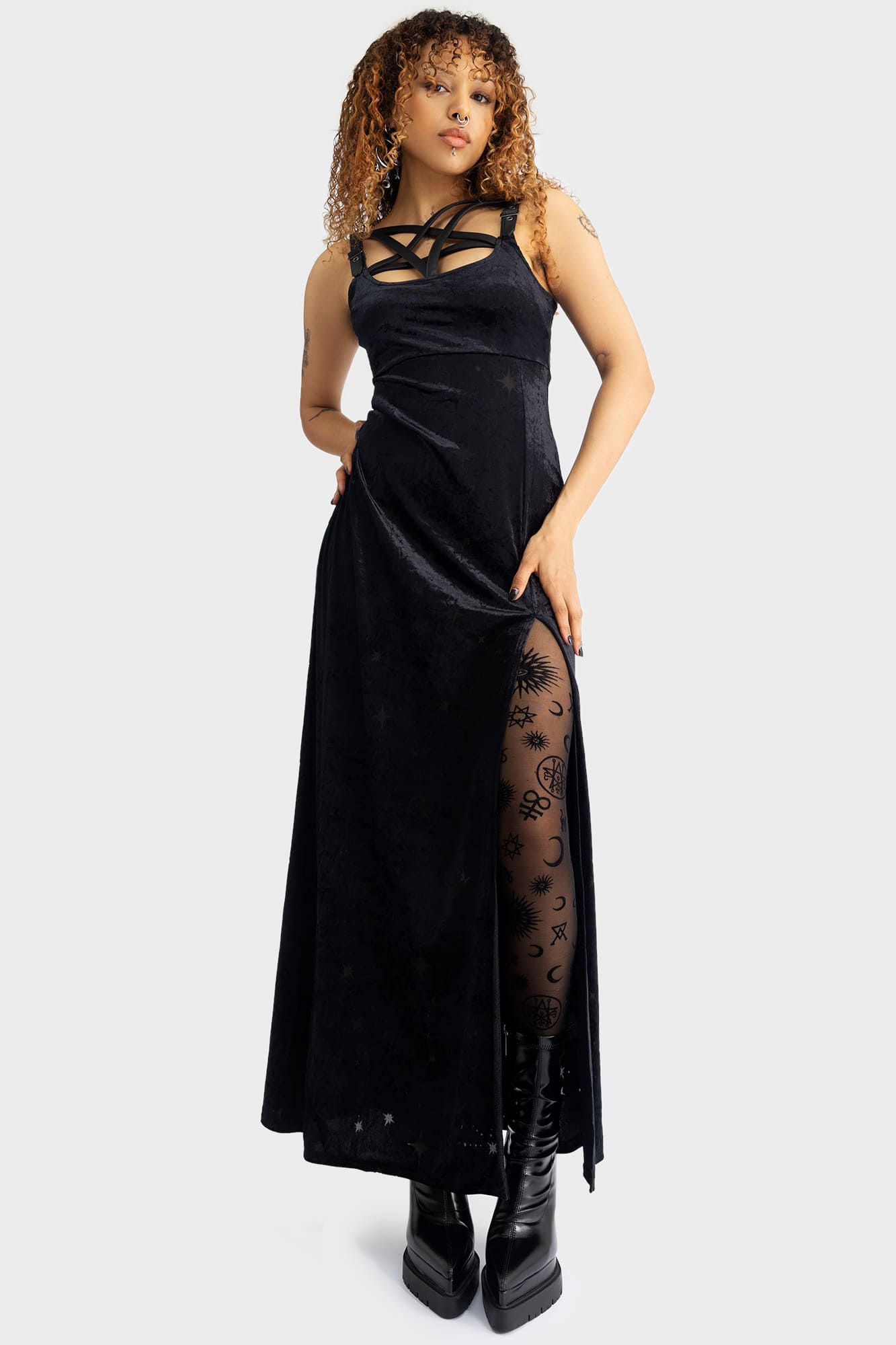 Killstar Coma Star Velvet Maxi Dress with Moon & Stars Artwork