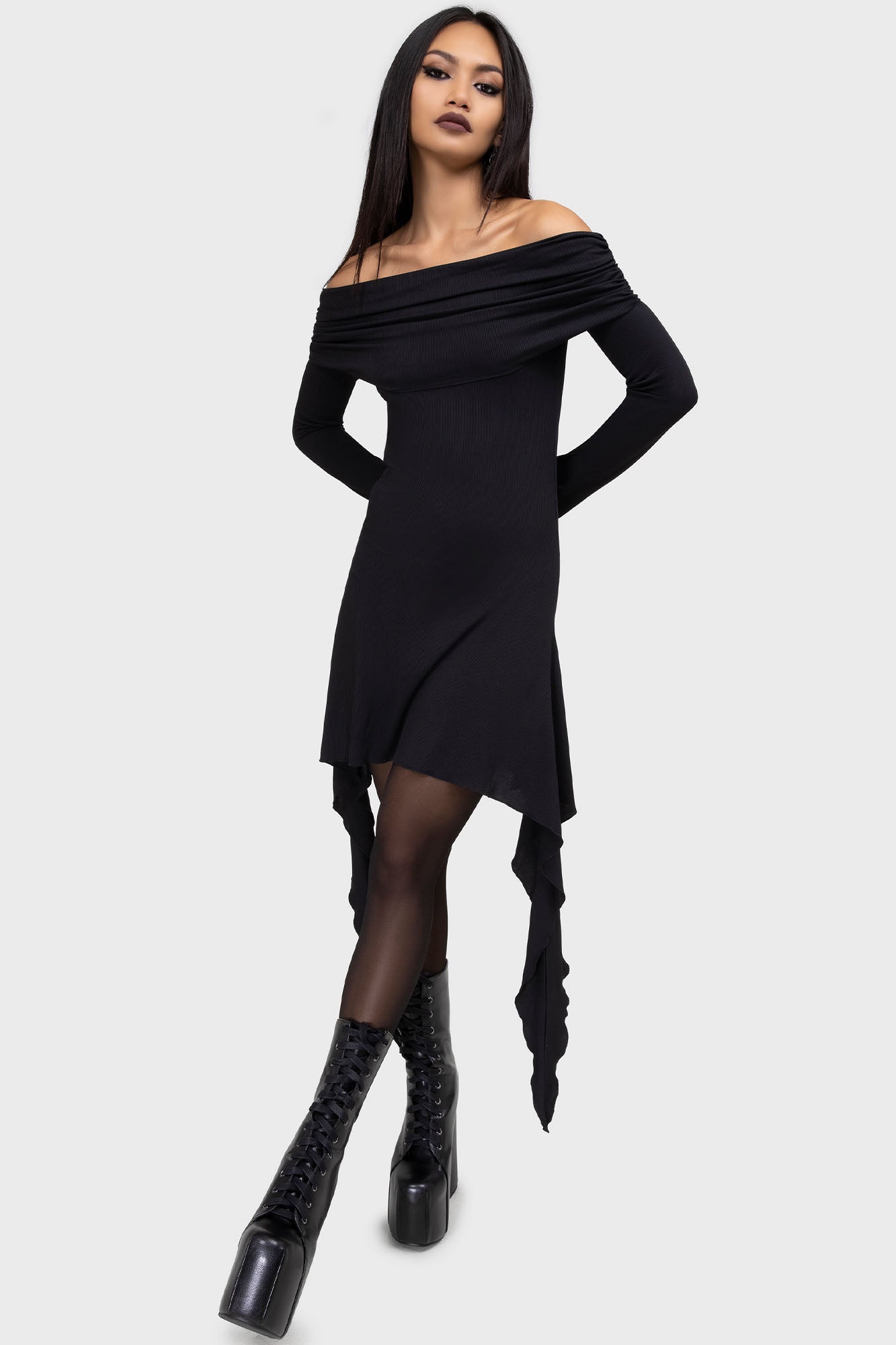 Killstar Nyctophilia Off Shoulder Mini Dress - Long Sleeve Ribbed