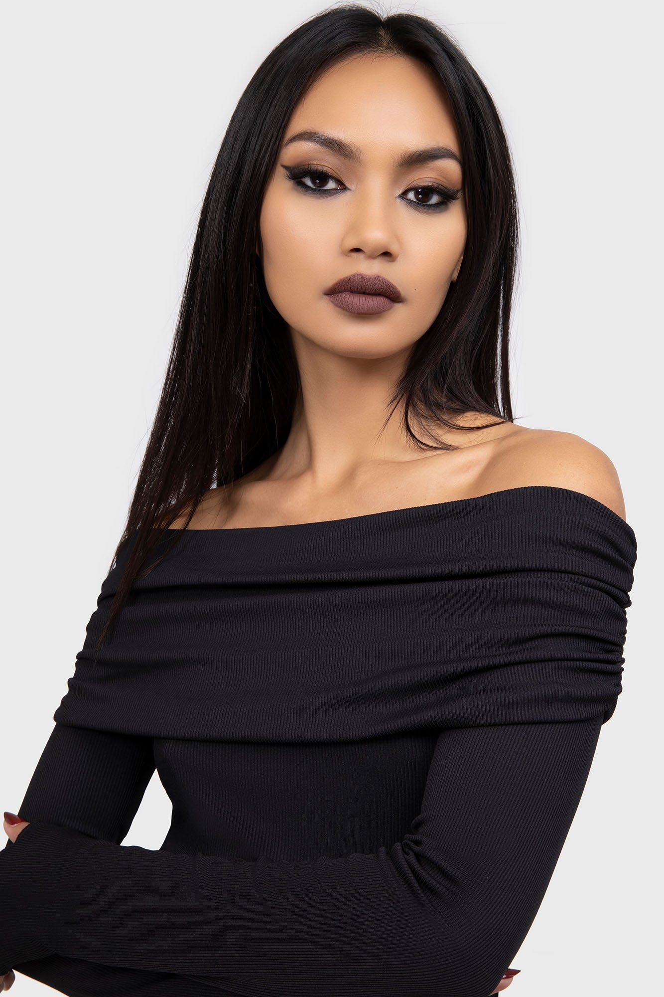 Killstar Nyctophilia Off Shoulder Mini Dress - Long Sleeve Ribbed