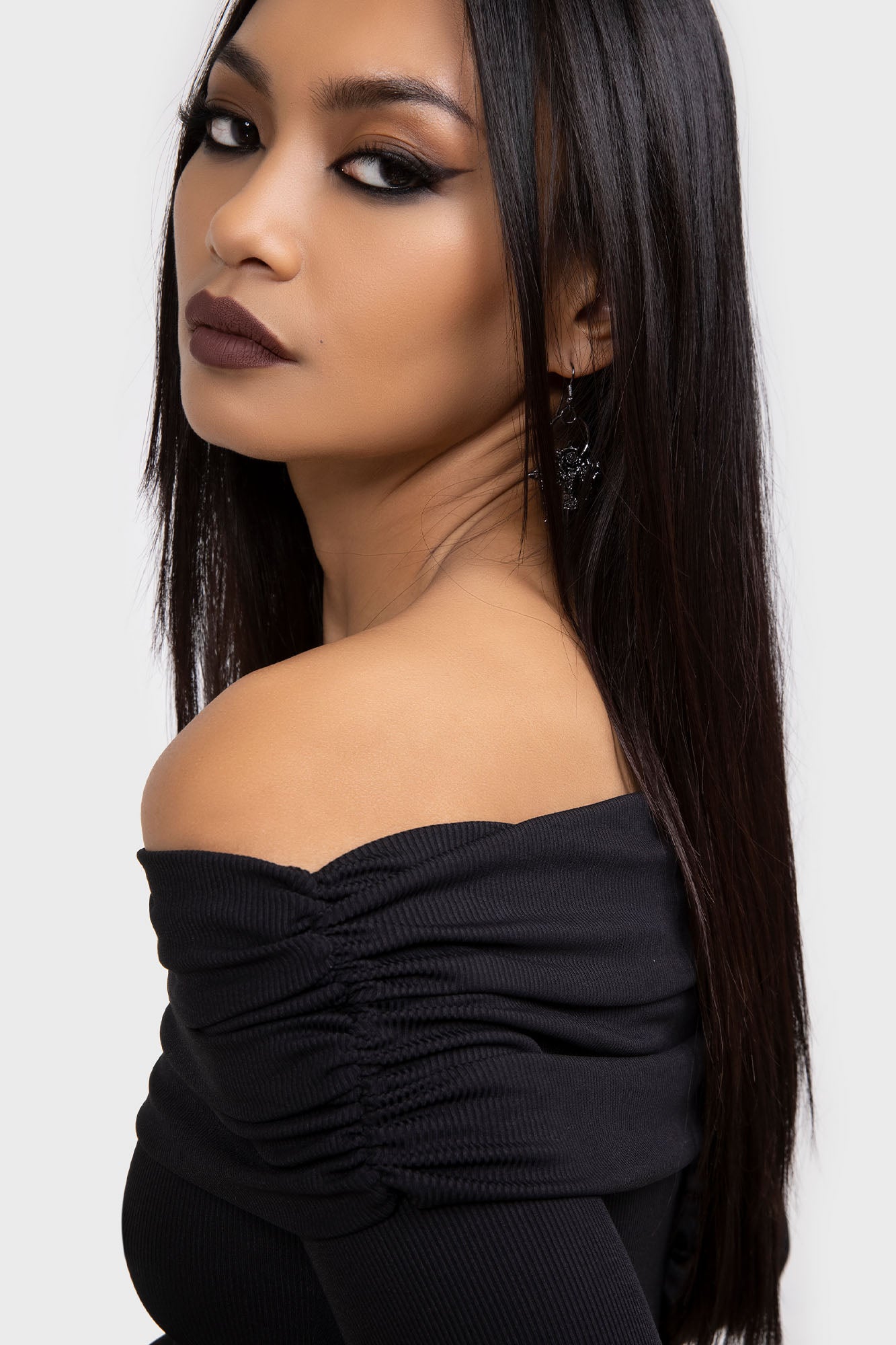 Killstar Nyctophilia Off Shoulder Mini Dress - Long Sleeve Ribbed