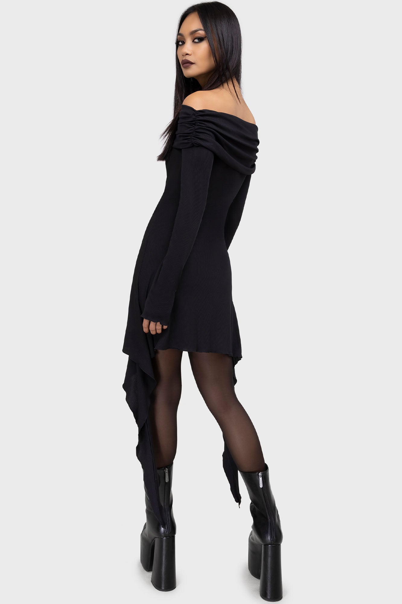 Killstar Nyctophilia Off Shoulder Mini Dress - Long Sleeve Ribbed