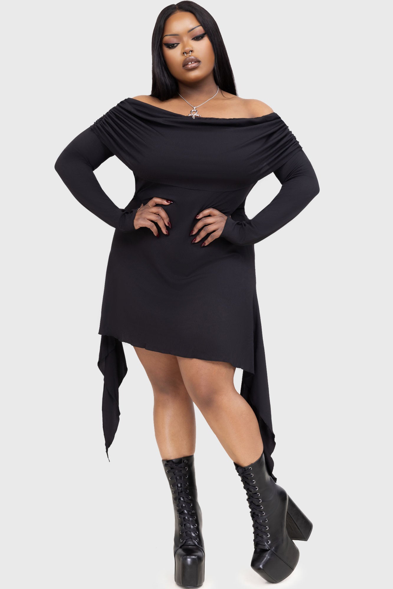 Killstar Nyctophilia Off Shoulder Mini Dress - Long Sleeve Ribbed