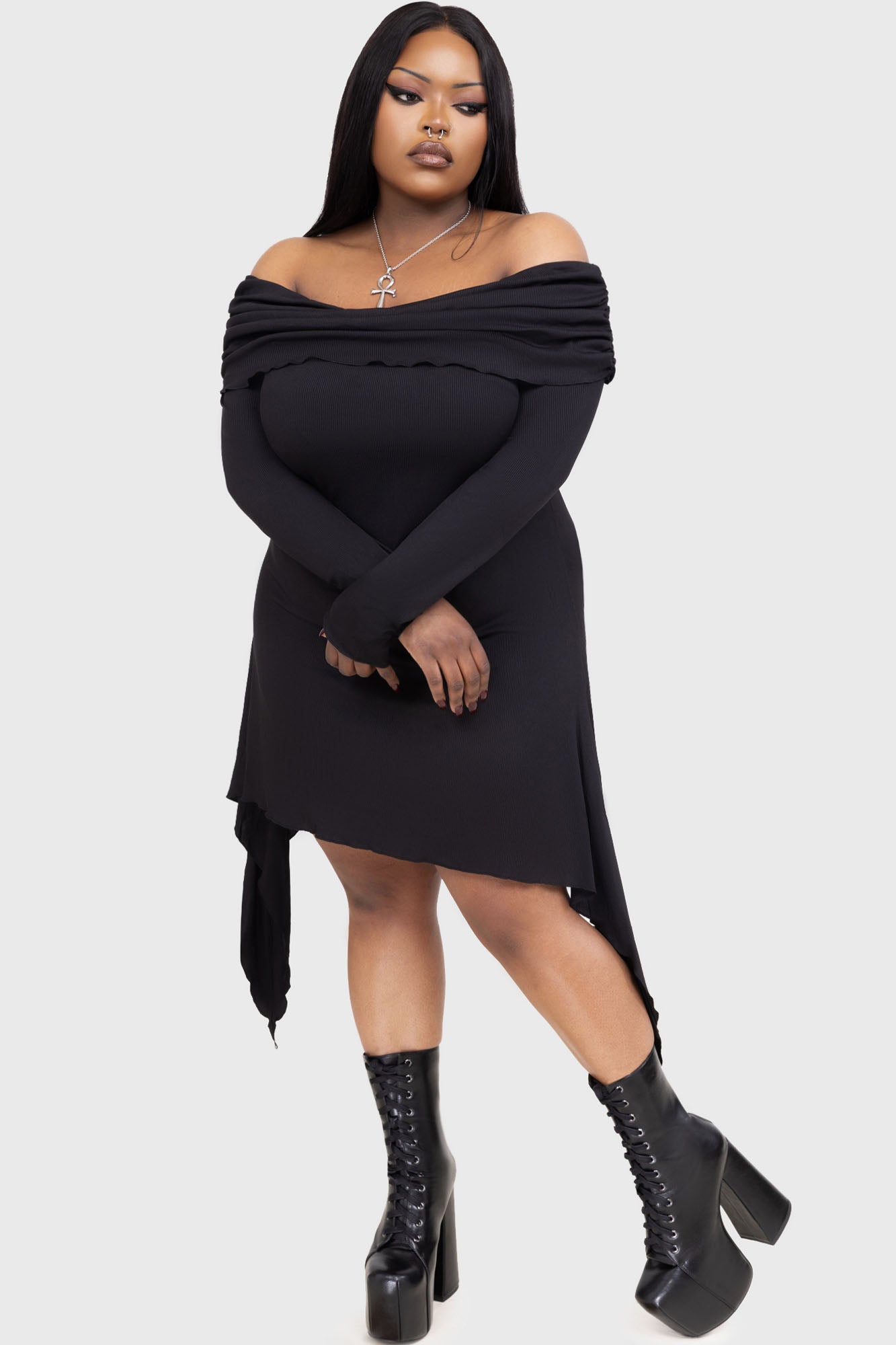Killstar Nyctophilia Off Shoulder Mini Dress - Long Sleeve Ribbed