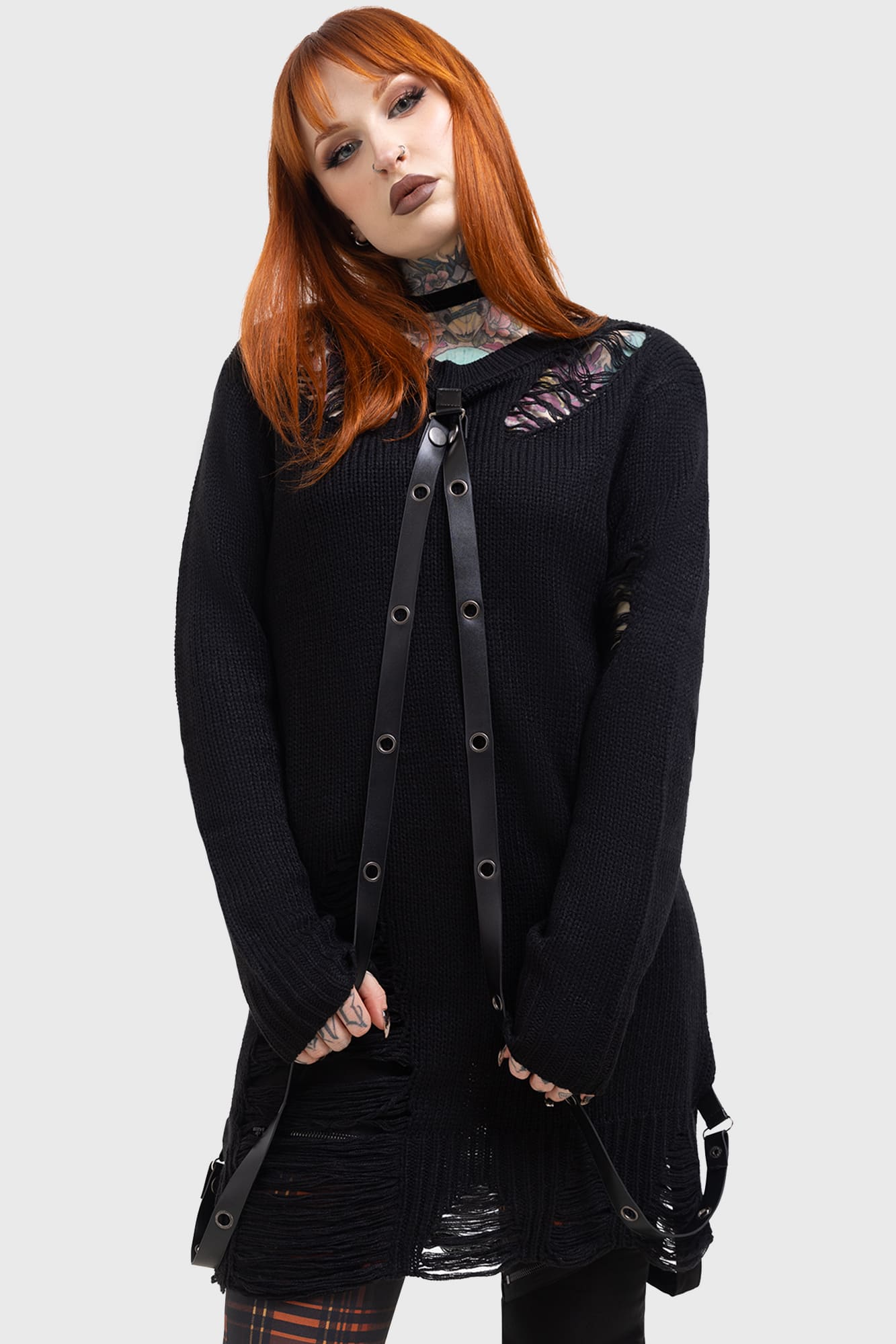 Killstar Lunar Grit Chunky Knit Sweater with PU Straps