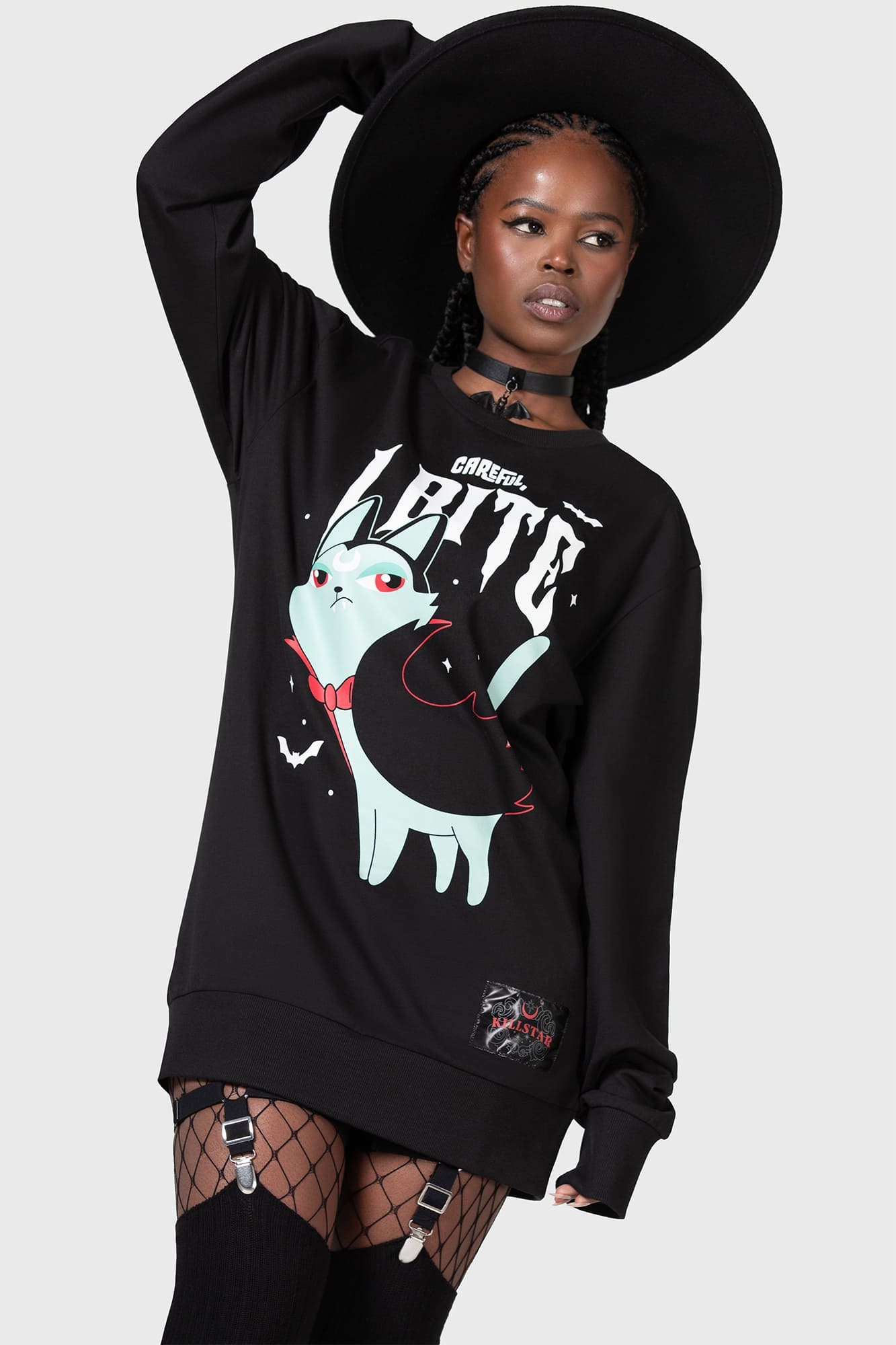Killstar Cat Spat Graphic Sweatshirt - "Careful I Bite" Design