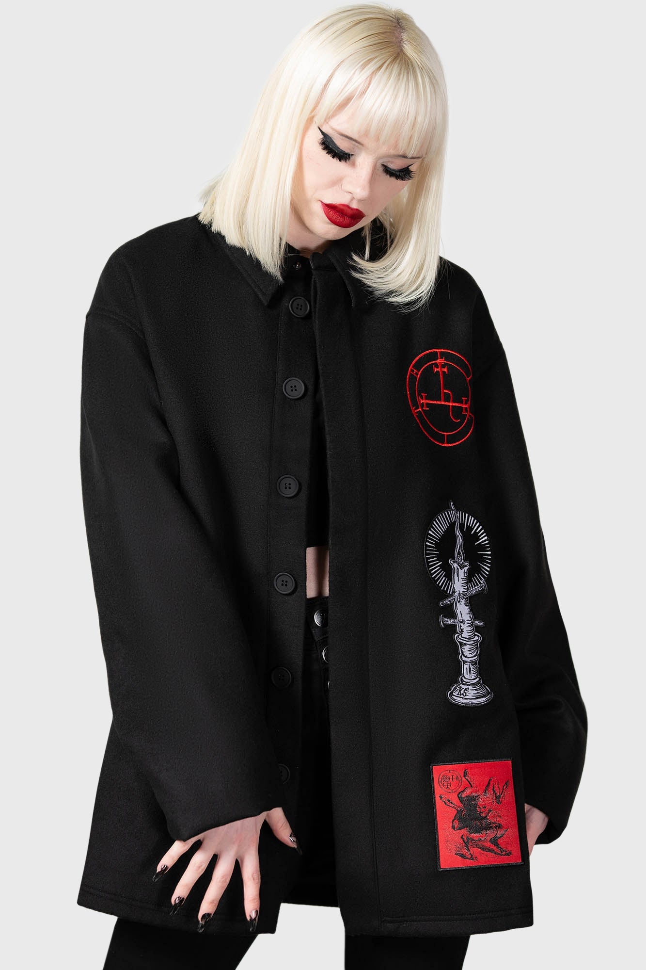 Killstar Incendiary Faux Wool Jacket with Sigil Patches - Unisex