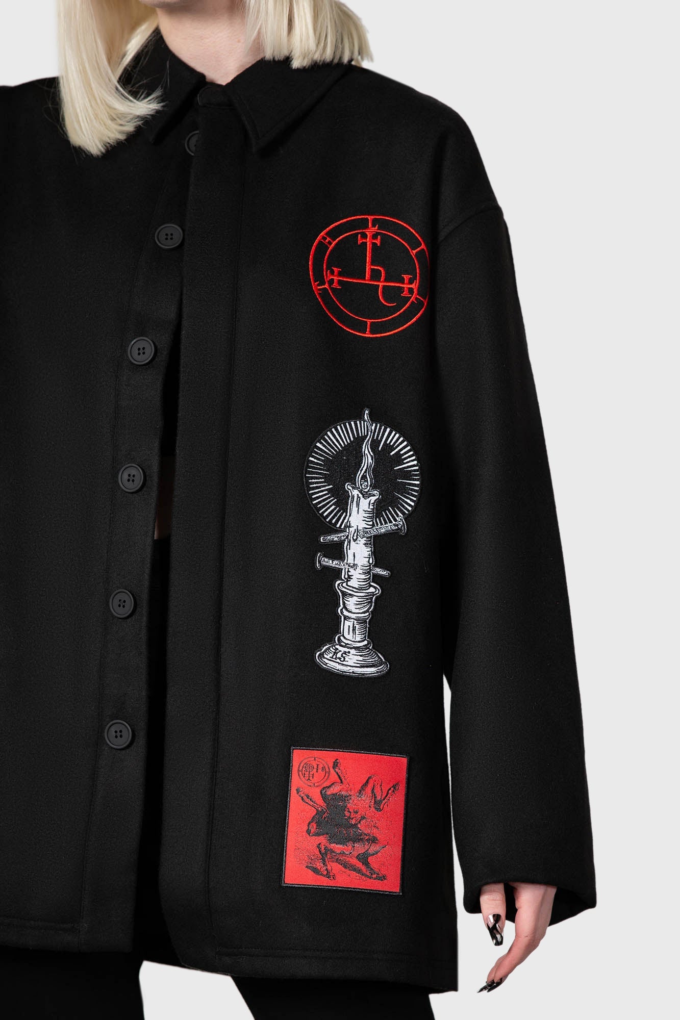 Killstar Incendiary Faux Wool Jacket with Sigil Patches - Unisex