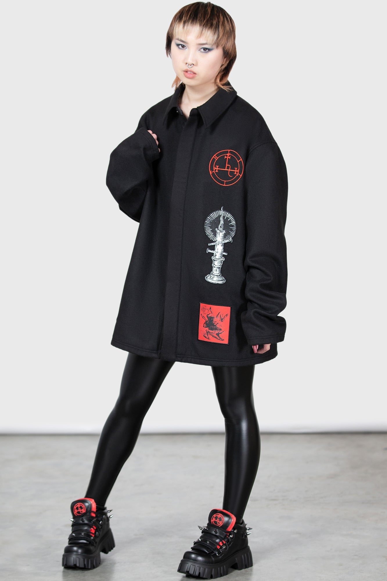 Killstar Incendiary Faux Wool Jacket with Sigil Patches - Unisex