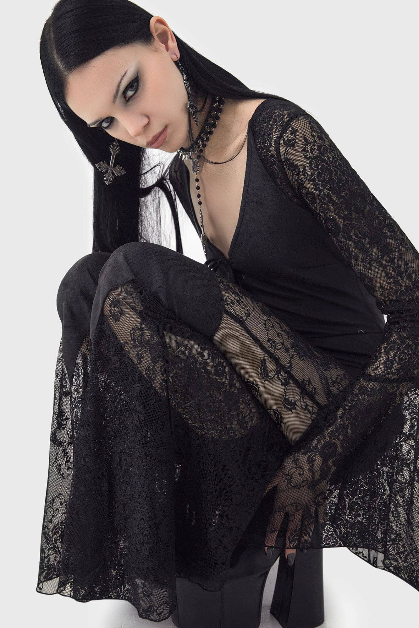 Killstar Wistful Desire Lace-Up Jumpsuit with Flared Sleeves