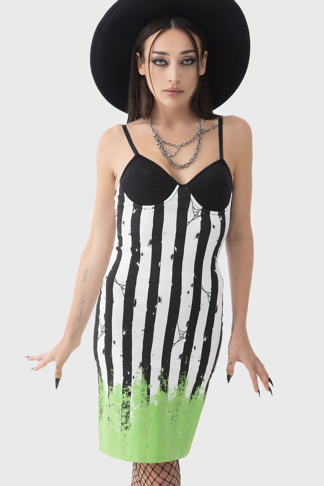 Killstar Distressed Stripe Mini Bodycon Dress with Spider Details