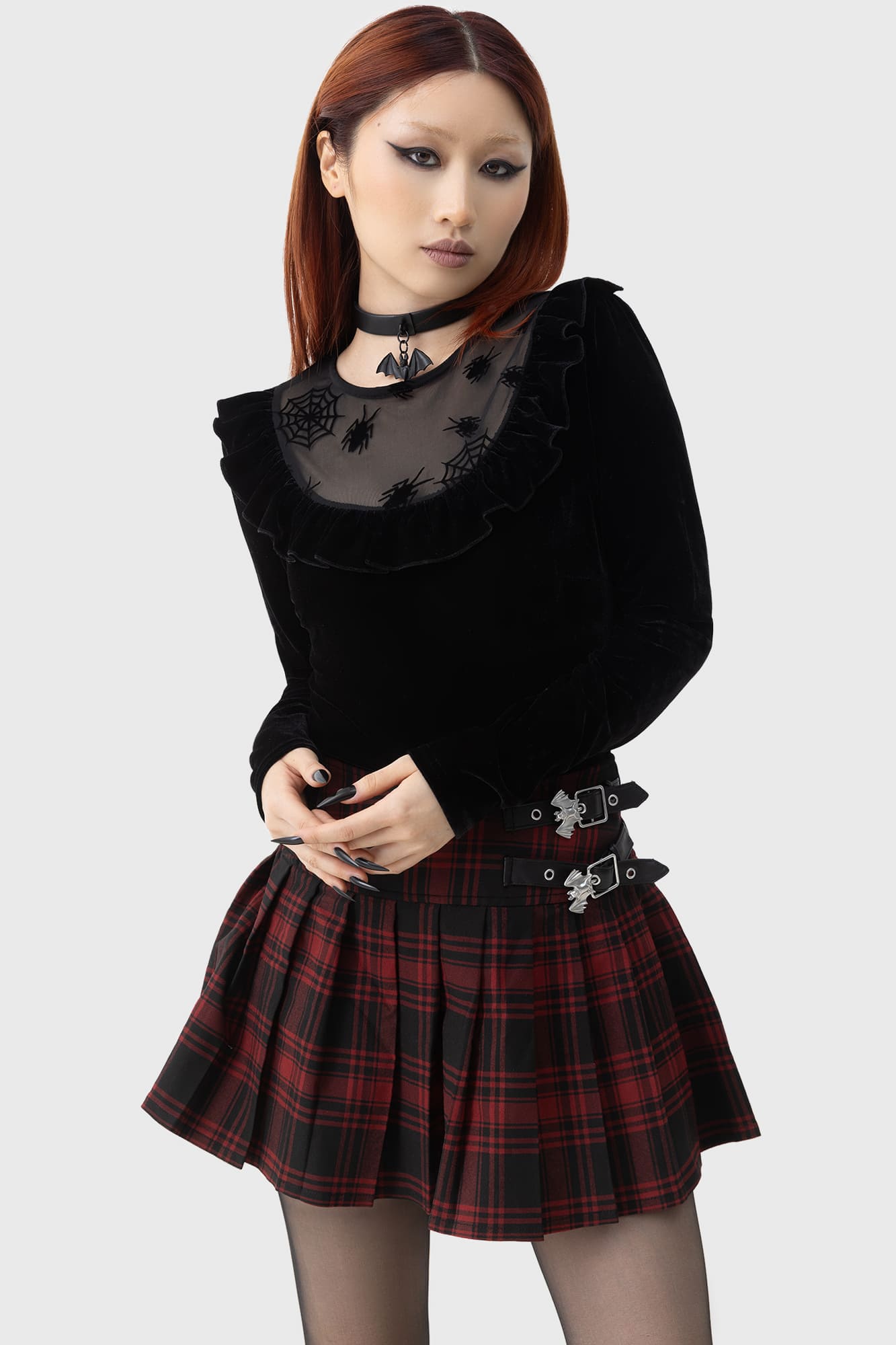 Beetlejuice Velvet Long Sleeve Top with Mesh Insert