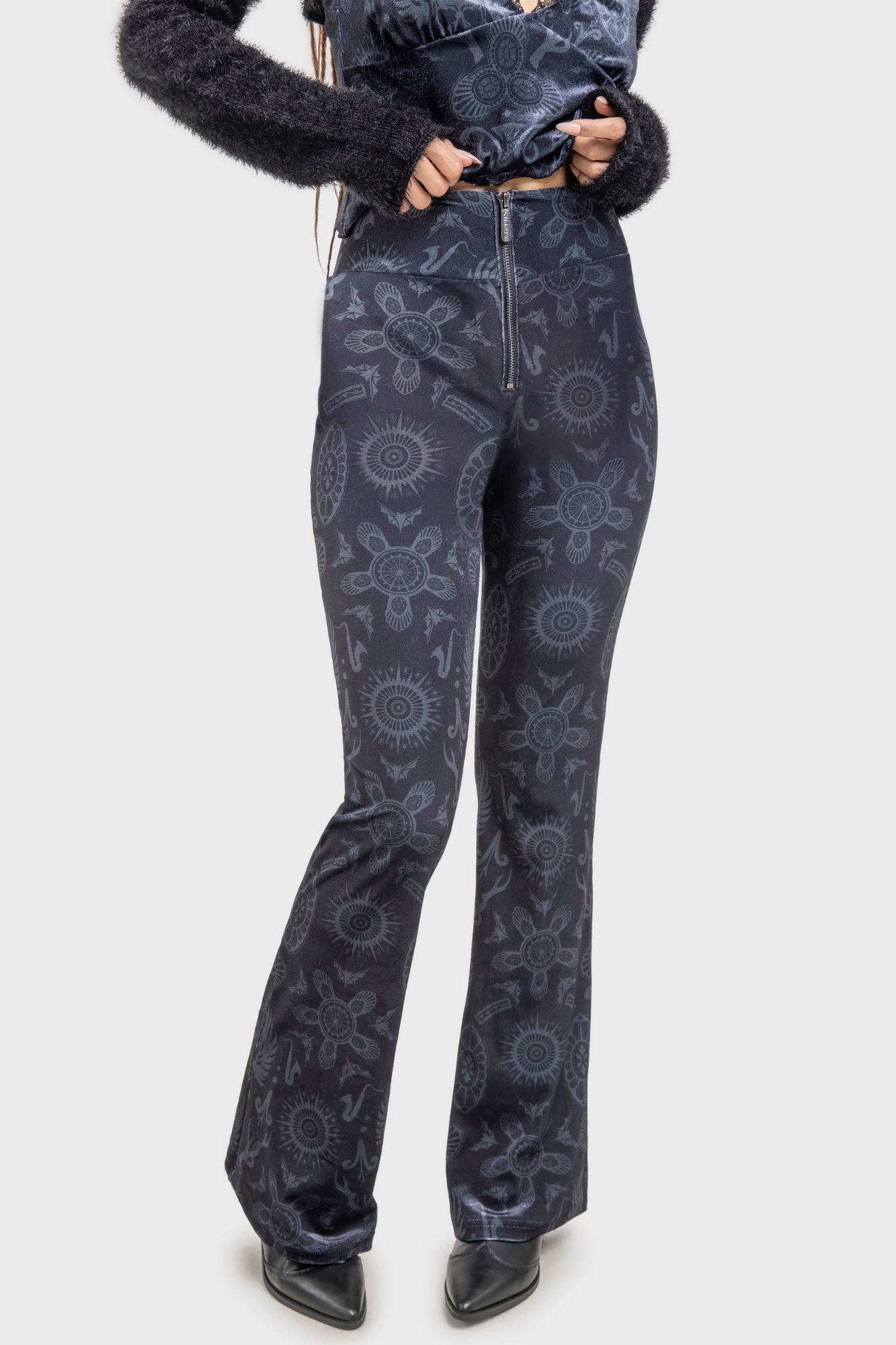 Lost Boys High Waist Flared Trousers - Velvet Print Pants