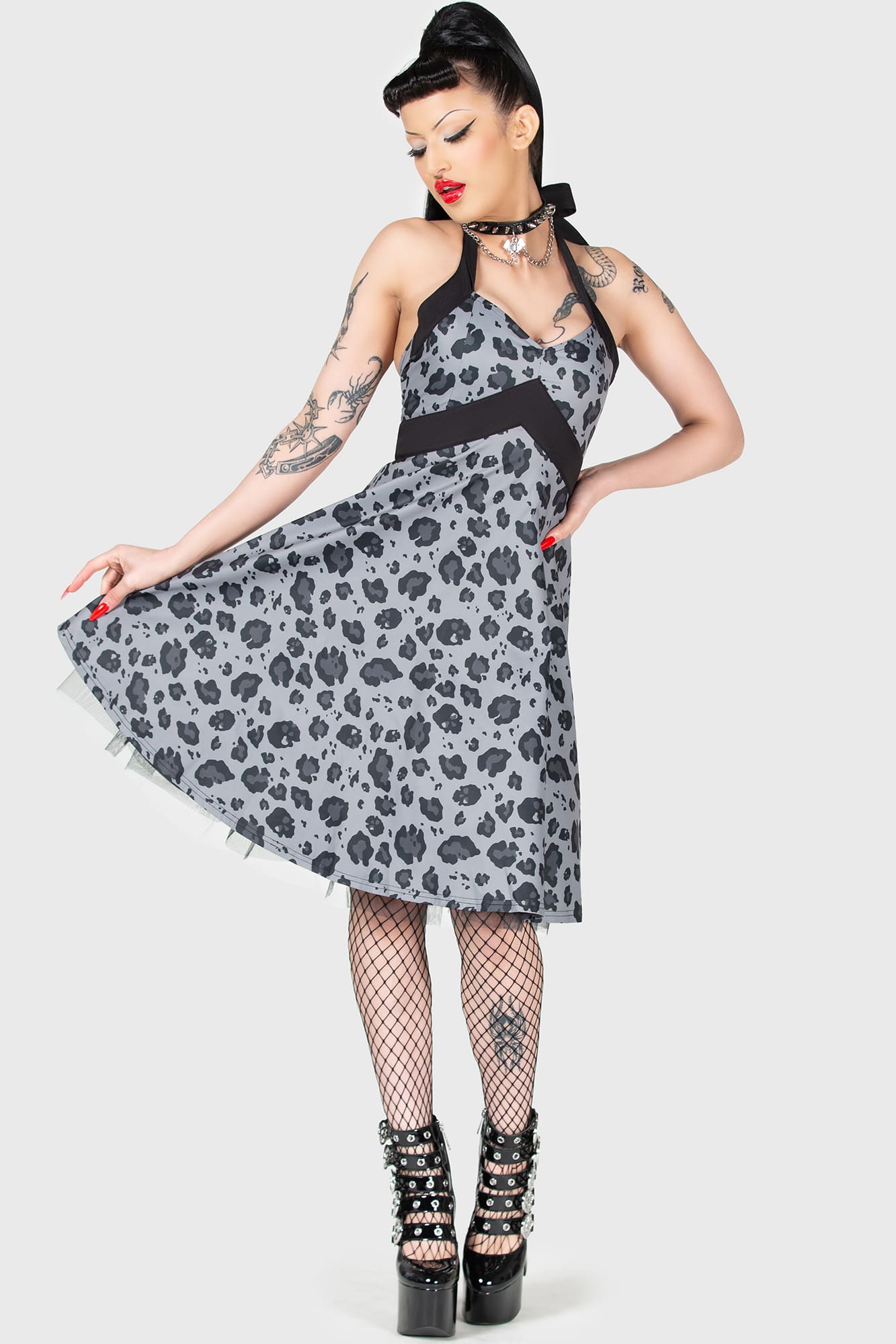 Killstar Backseat Bingo Skater Dress - Halter Neck, Leopard Print