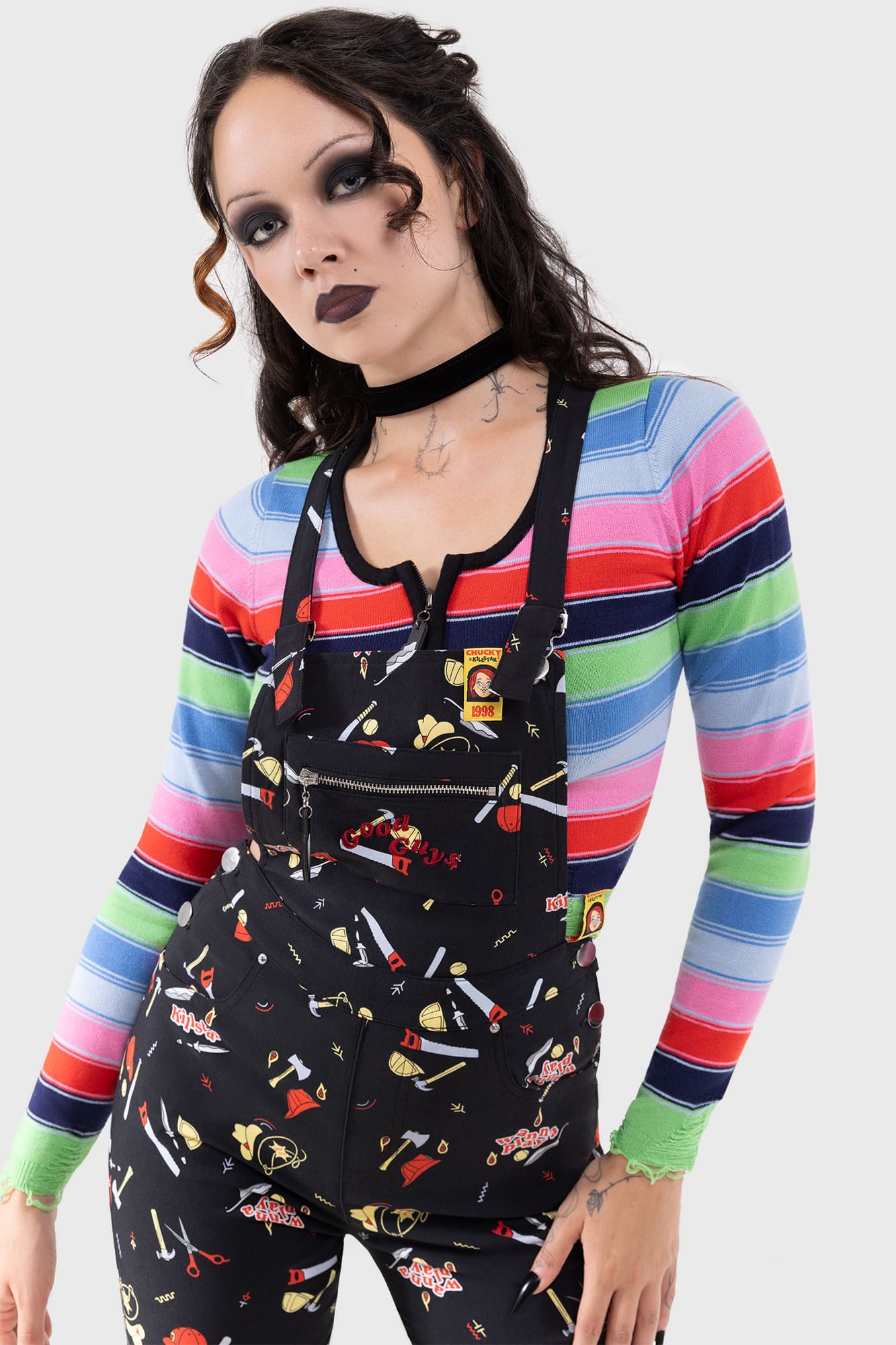 Killstar Chucky Knit Top - Striped Long Sleeve Crop Top with Zip