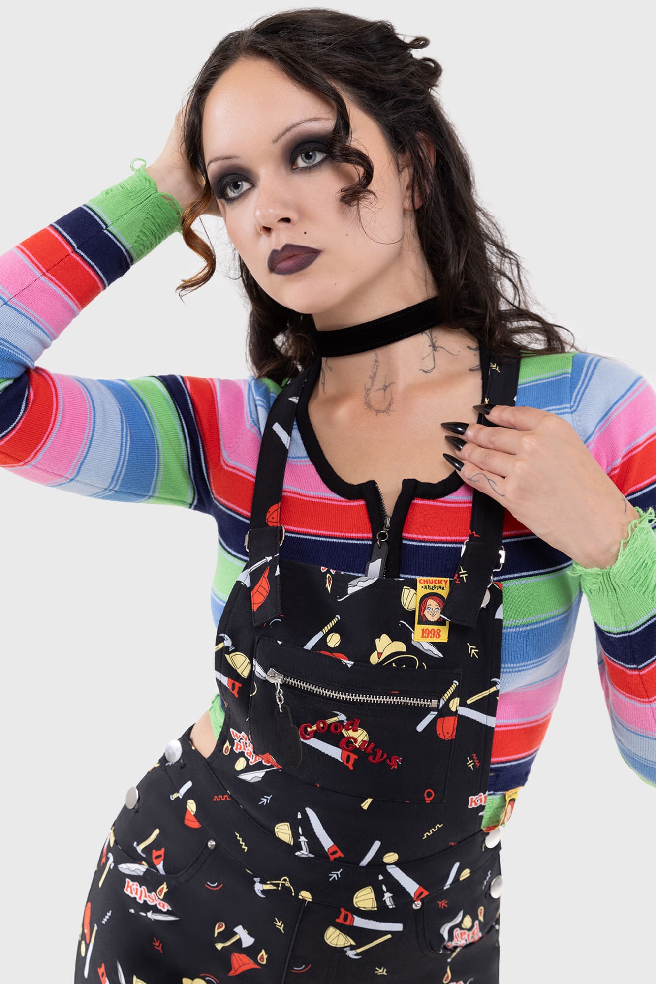 Killstar Chucky Knit Top - Striped Long Sleeve Crop Top with Zip
