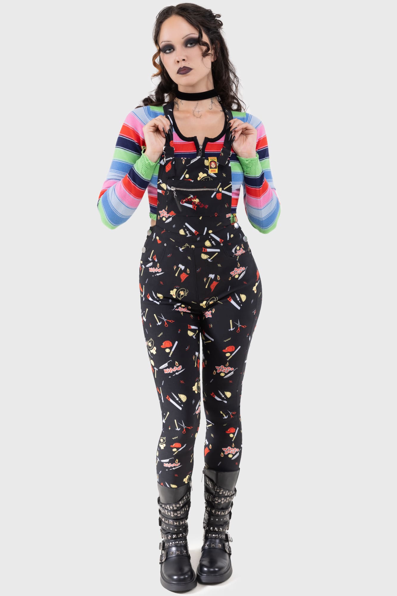 Killstar Chucky Knit Top - Striped Long Sleeve Crop Top with Zip