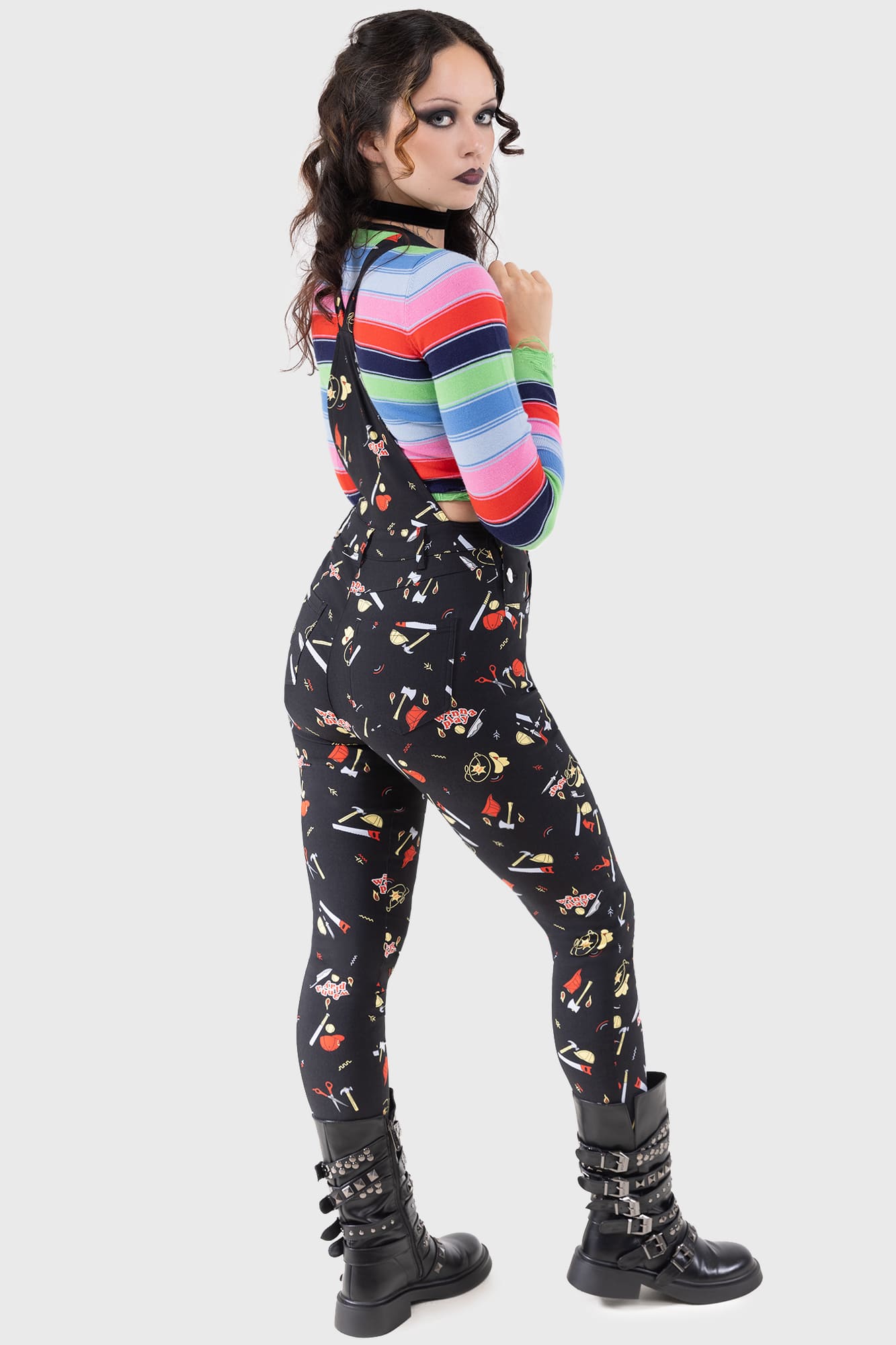 Killstar Chucky Knit Top - Striped Long Sleeve Crop Top with Zip