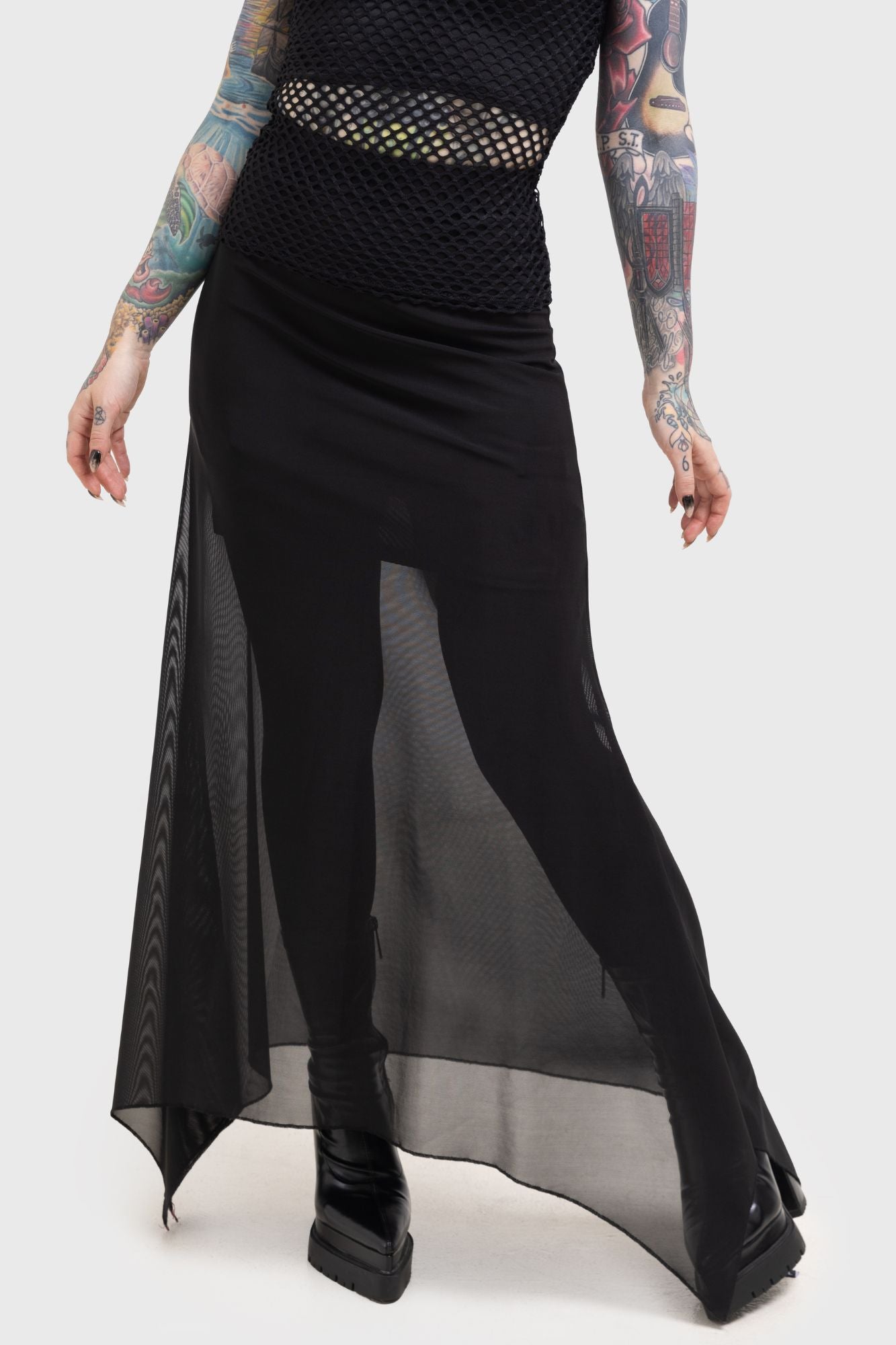 Killstar Death Star Mesh Maxi Skirt with Hanky Hem