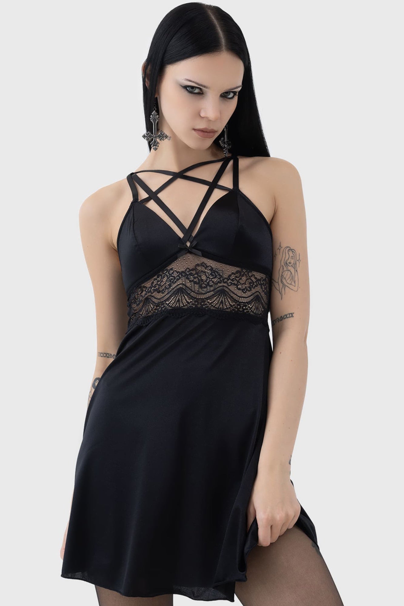 KILLSTAR Fiend Satin Slip Dress with Lace Panel