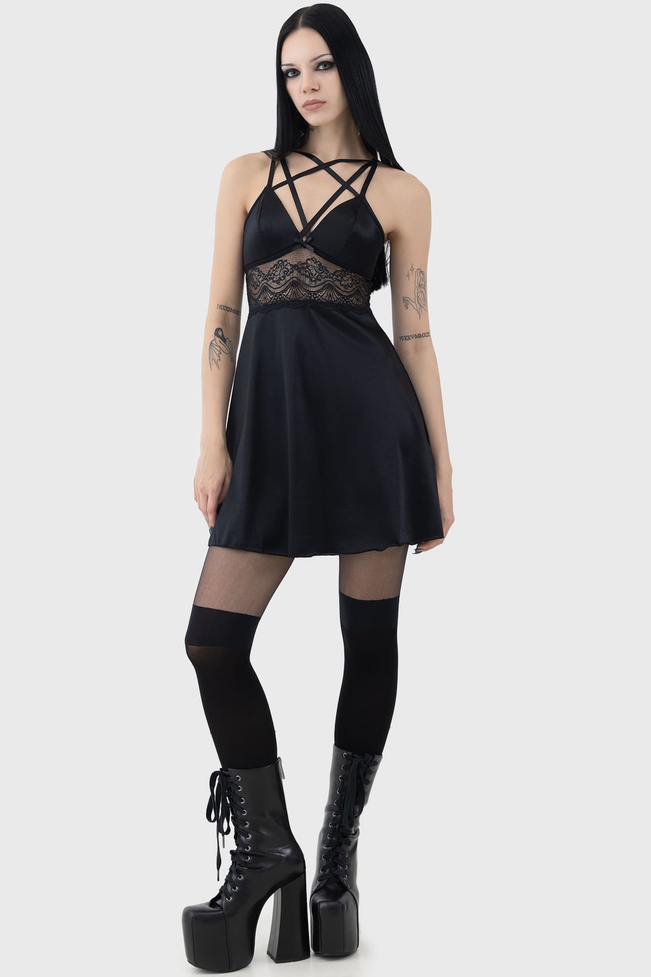 KILLSTAR Fiend Satin Slip Dress with Lace Panel