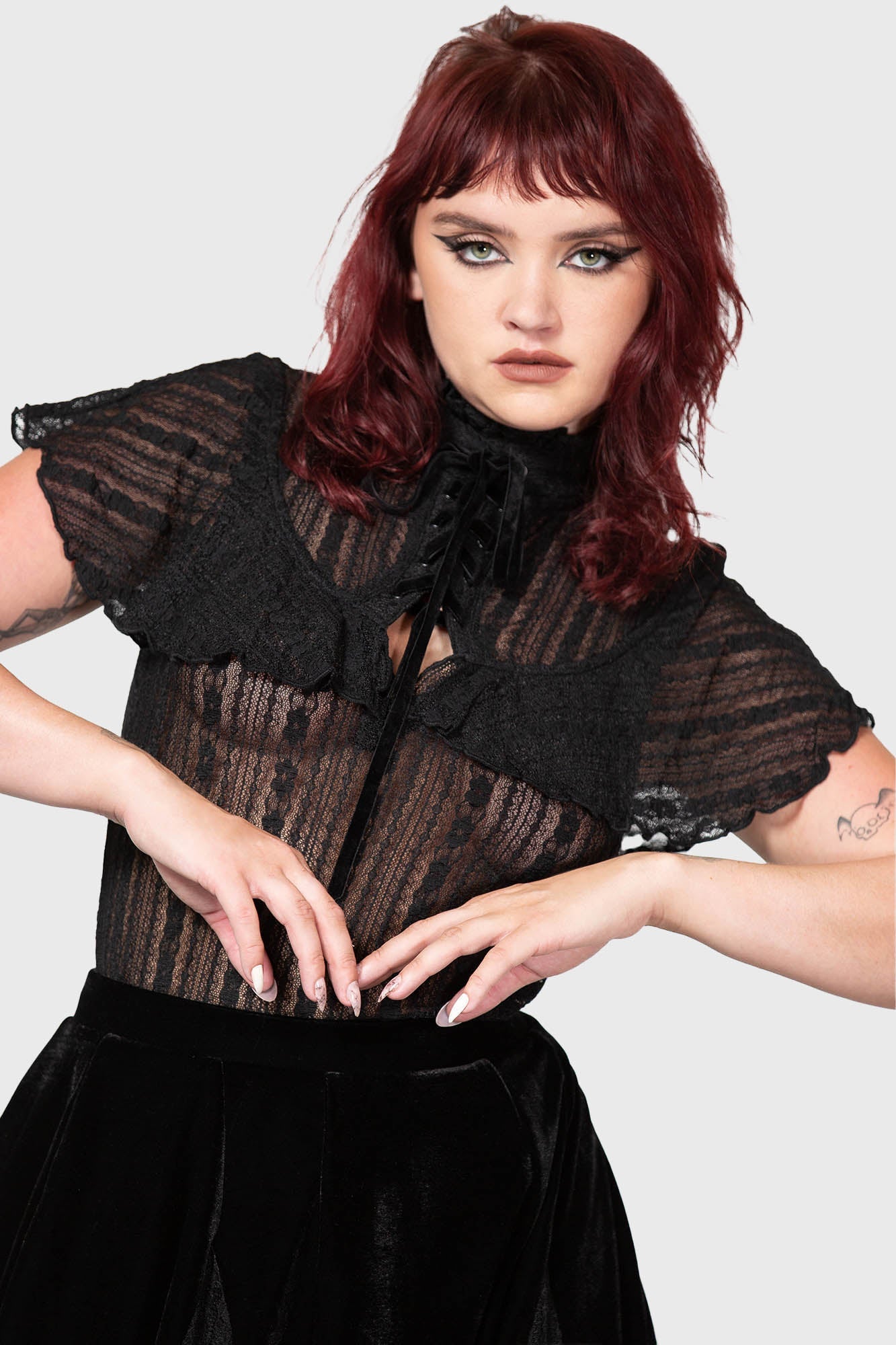 Killstar Atala's Night Lace Top - Sheer Fitted Gothic Blouse
