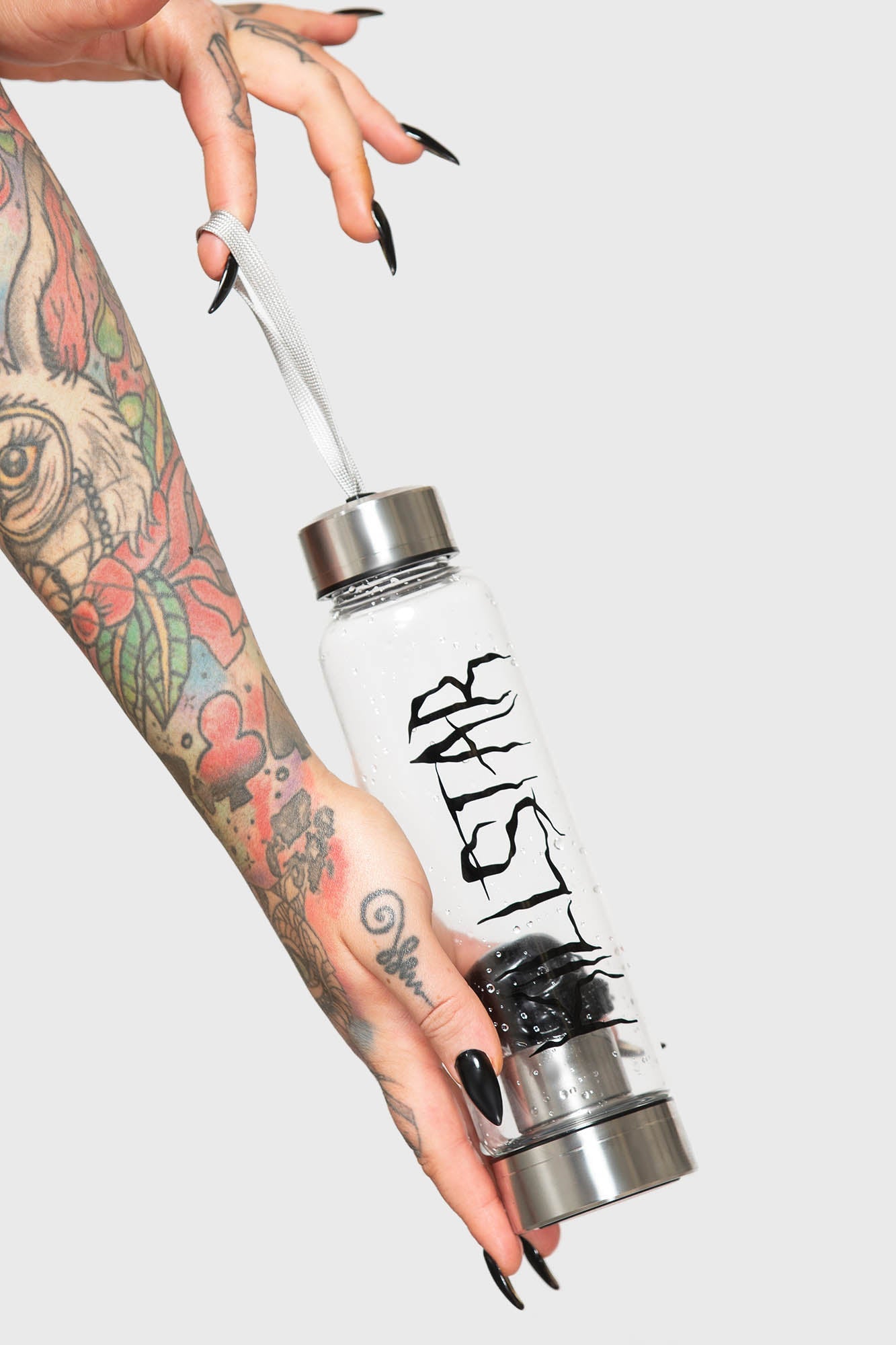 Killstar Black Obsidian Crystal Glass Water Bottle with Skull