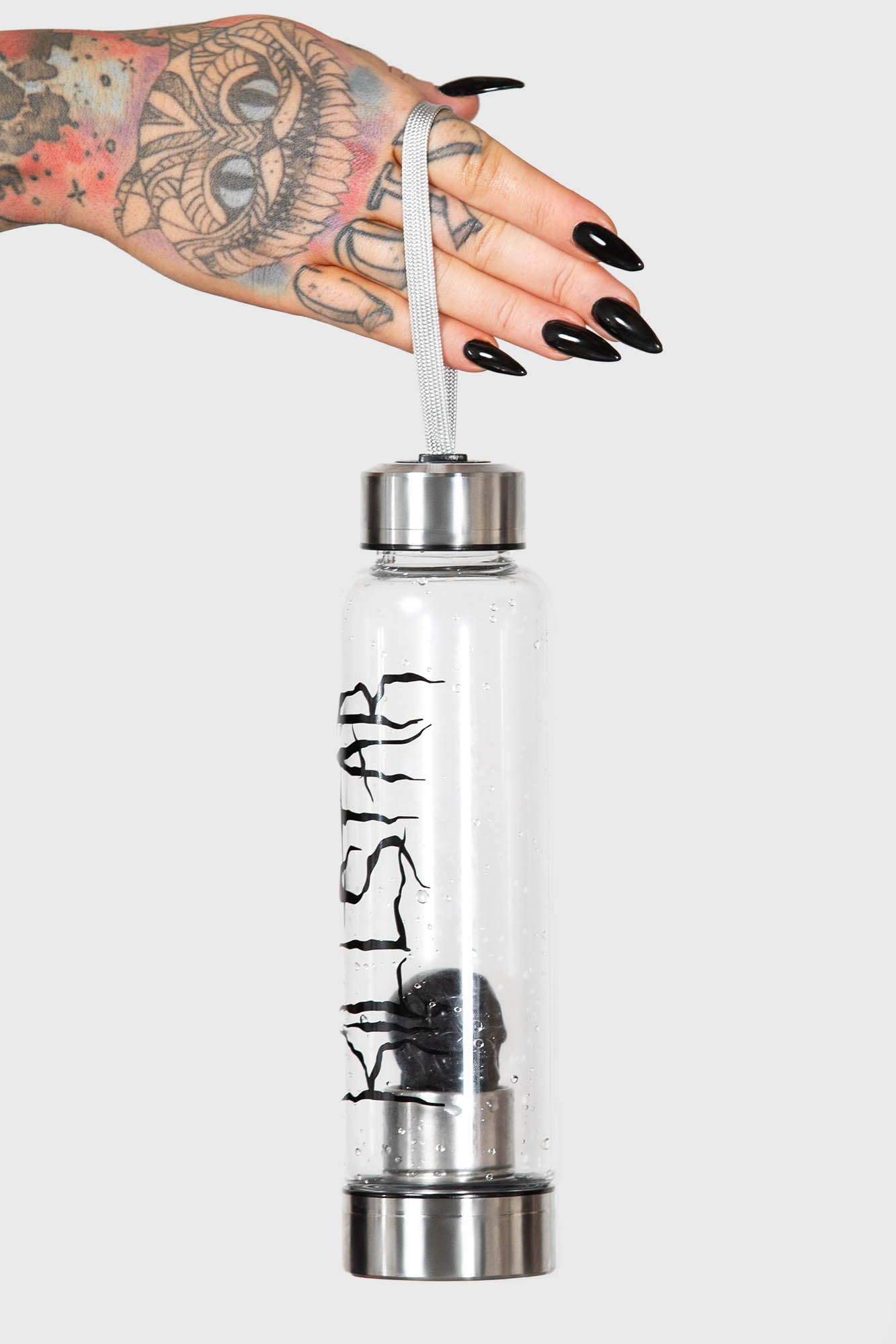 Killstar Black Obsidian Crystal Glass Water Bottle with Skull