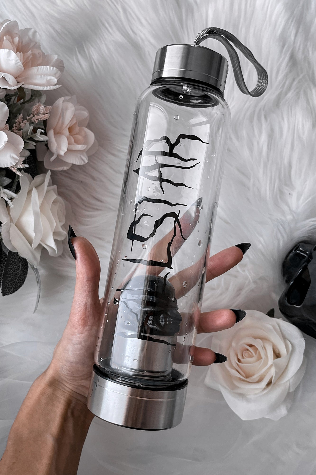 Killstar Black Obsidian Crystal Glass Water Bottle with Skull