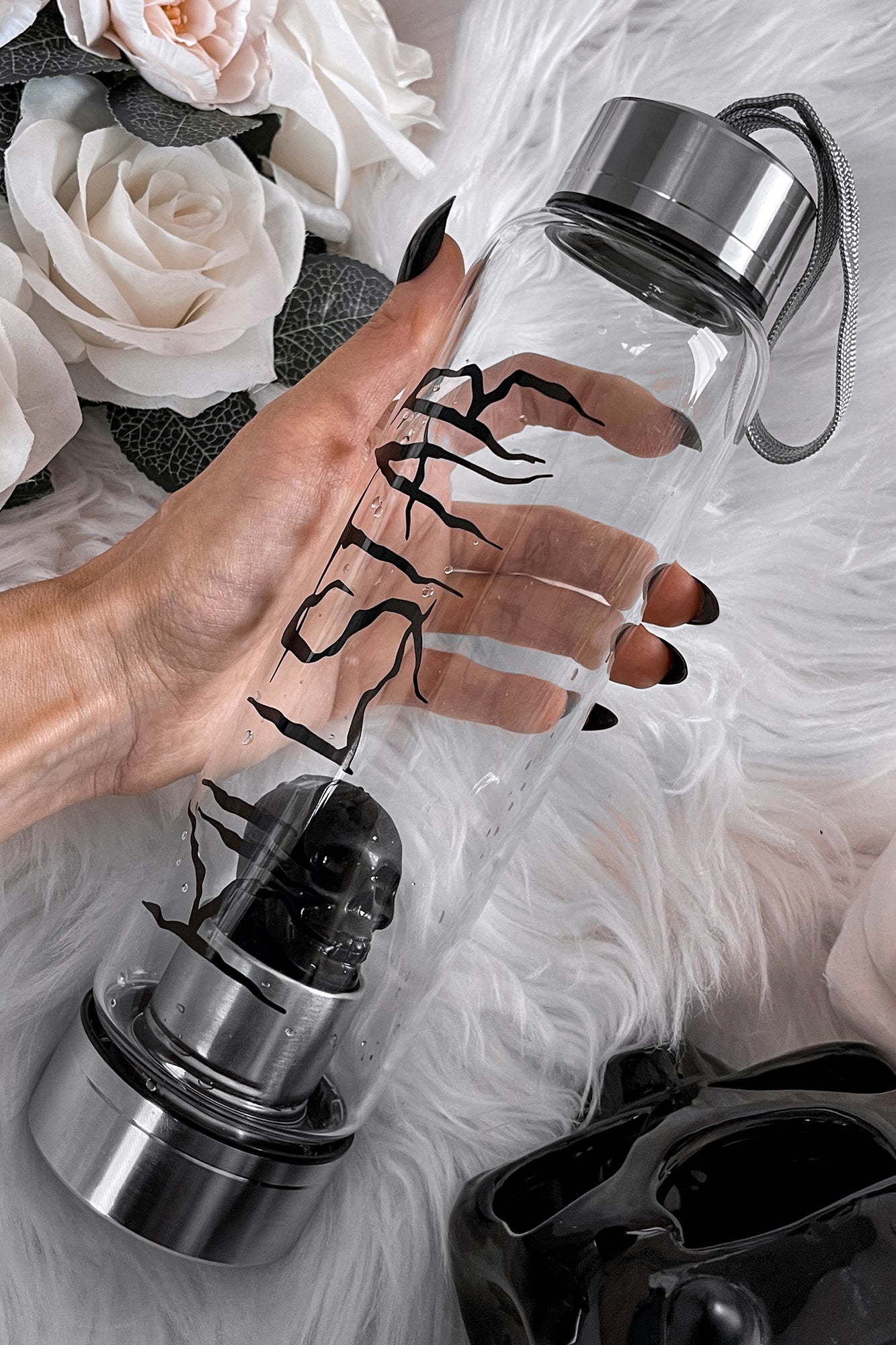 Killstar Black Obsidian Crystal Glass Water Bottle with Skull