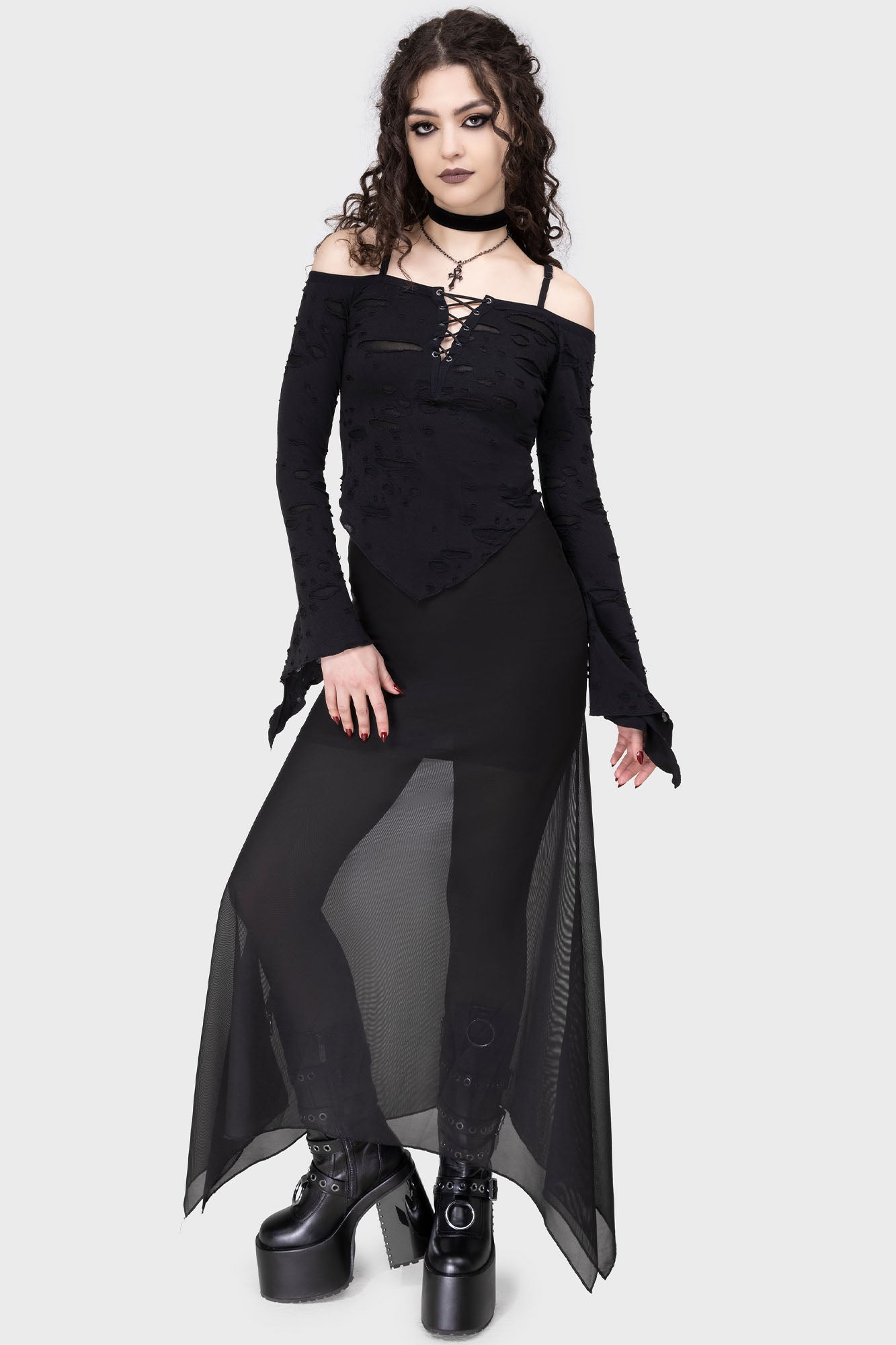 KILLSTAR Dust Devil Bardot Lace-Up Top with Waterfall Sleeves